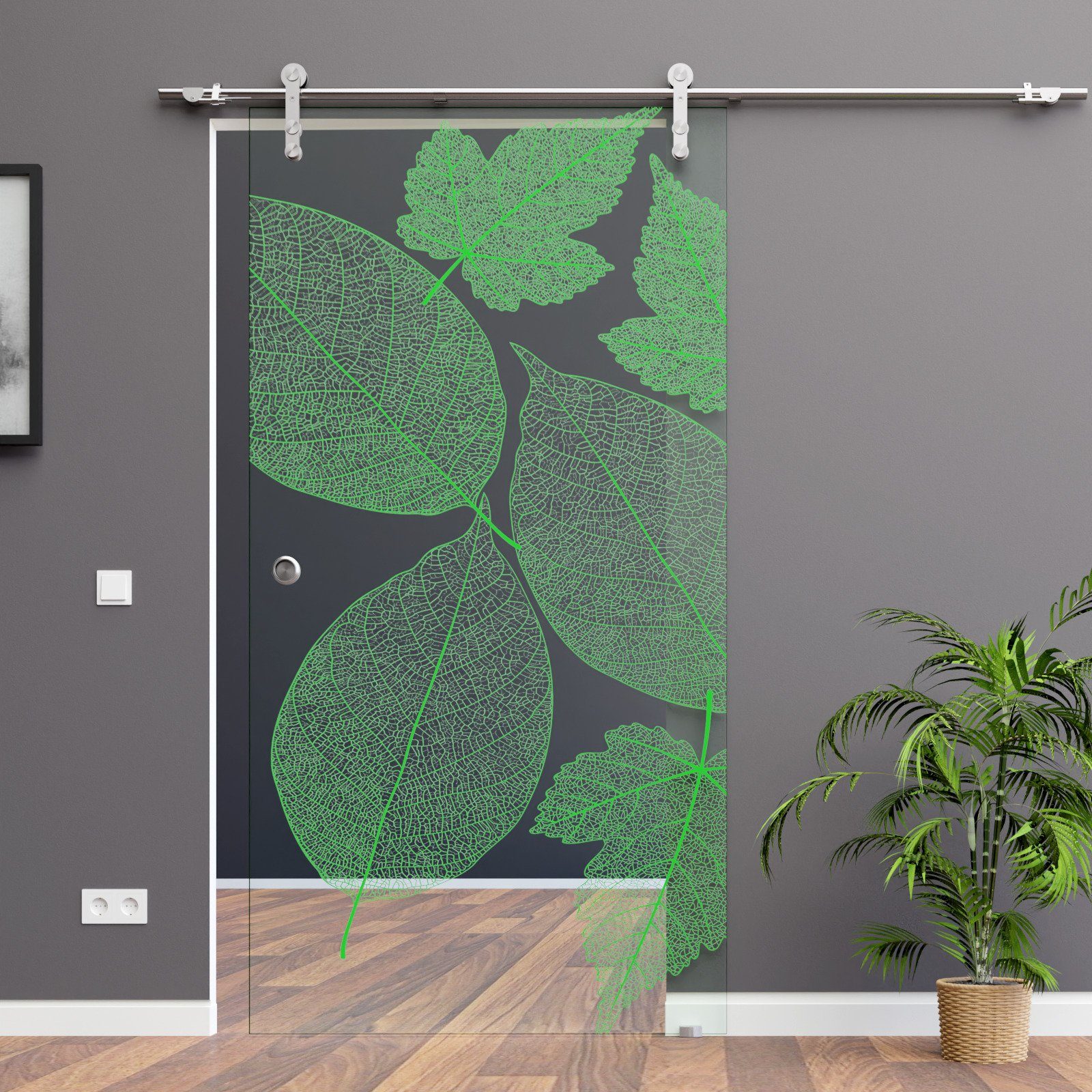 AMOD Glasschiebetür F1-SSOE (Edelstahl, Komplett Set), mit Griffmuschel und SoftStop