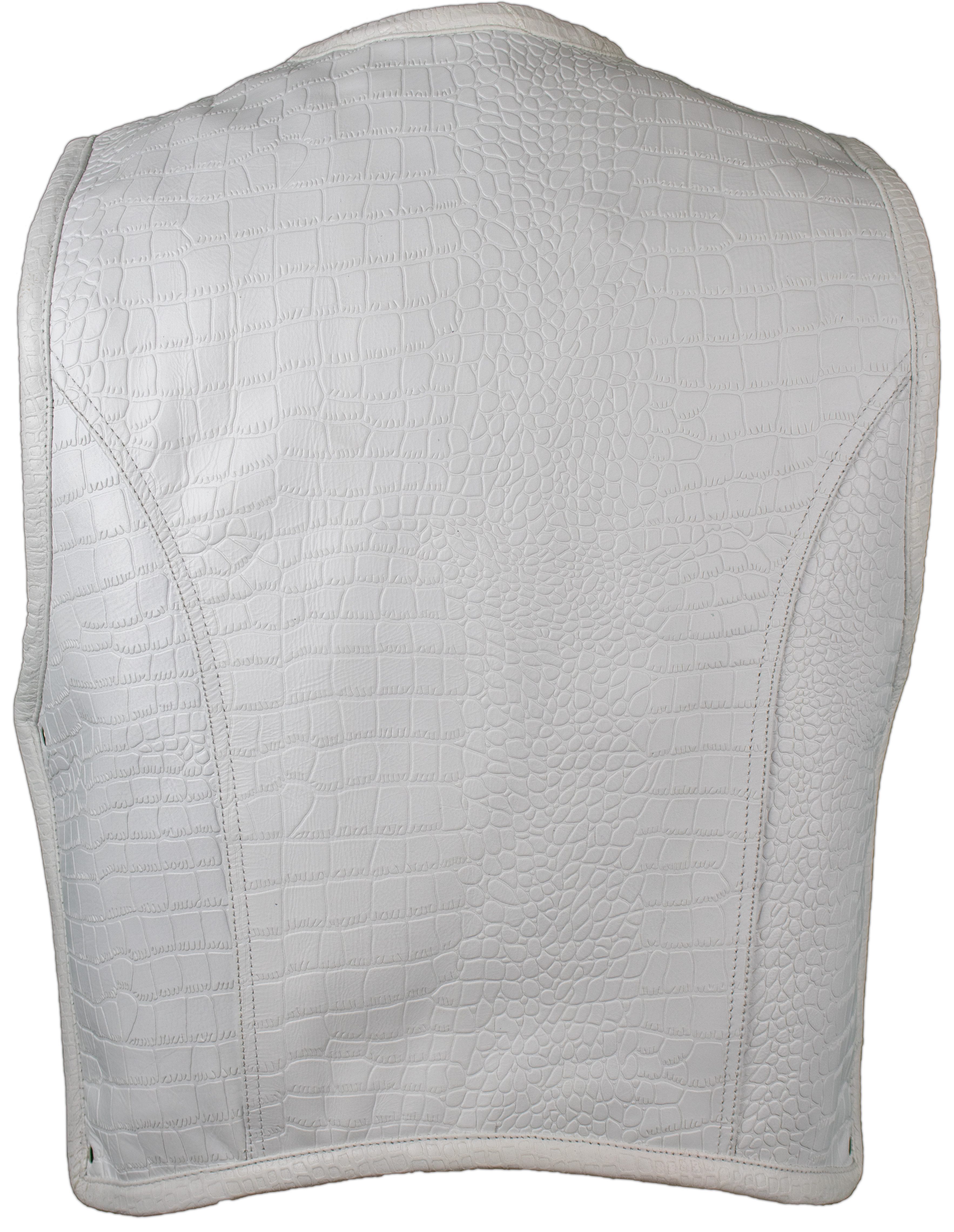 MDM Motorradweste Herren Biker Clubweste Weiß Croco Look, Echtleder ohne Rückennaht (Biker Lederweste Kutte in Weiß) Croco Look, ohne Rückennaht, erweiterbar, ideal für Patches