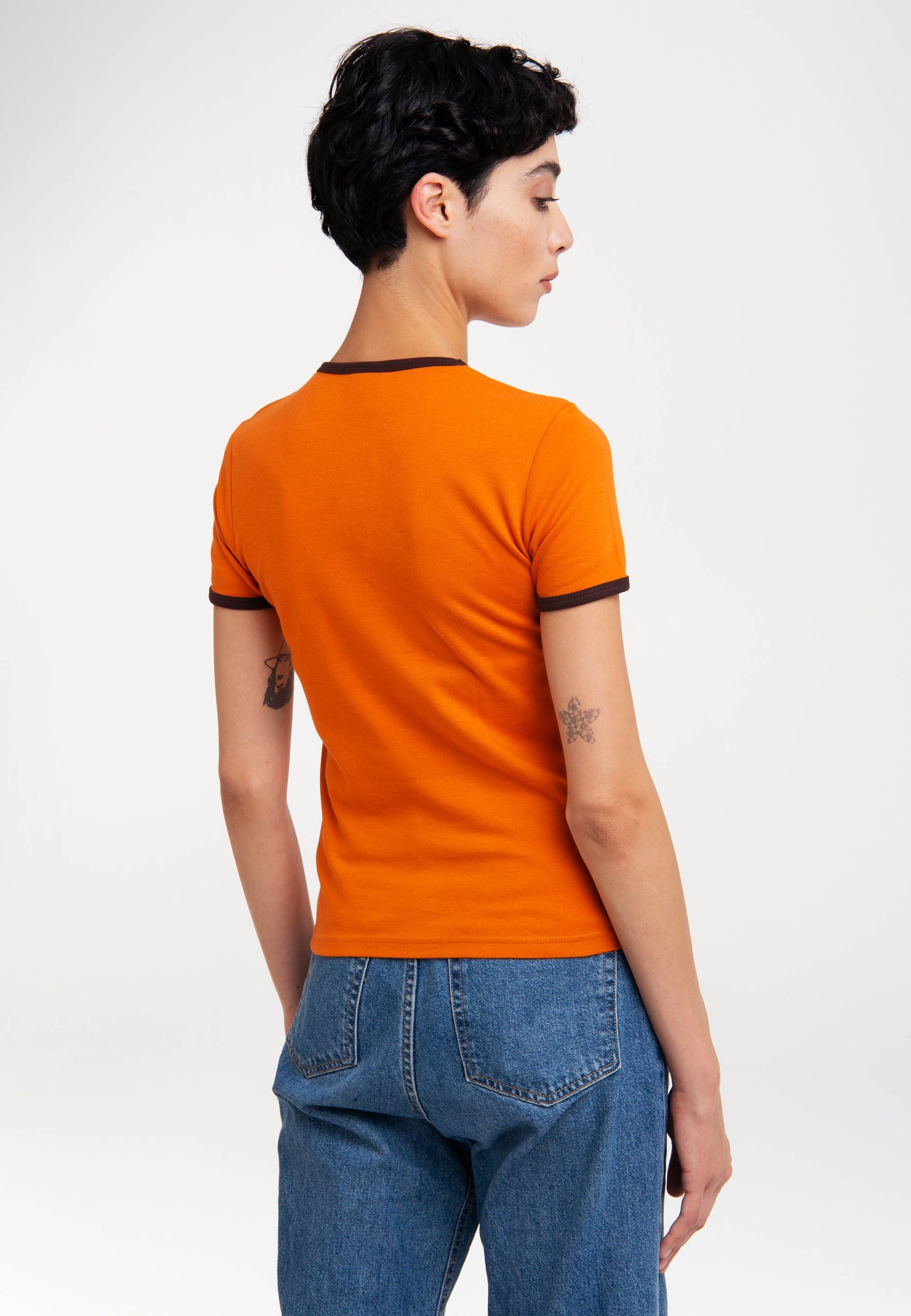 Sendung lizenziertem Maus Die LOGOSHIRT Die Print T-Shirt Maus der mit - mit orange-dunkelbraun