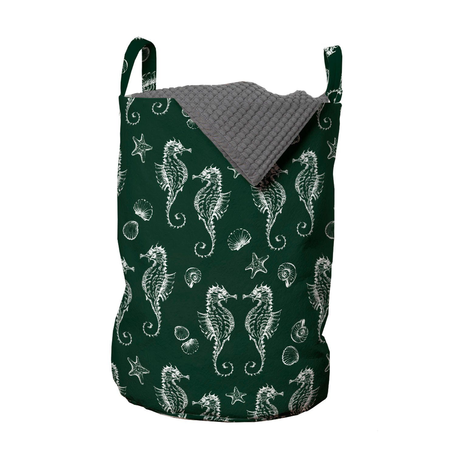 Abakuhaus Wäschesäckchen Wäschekorb mit Griffen Kordelzugverschluss für Waschsalons, Natur Skizzieren Seepferde Muscheln