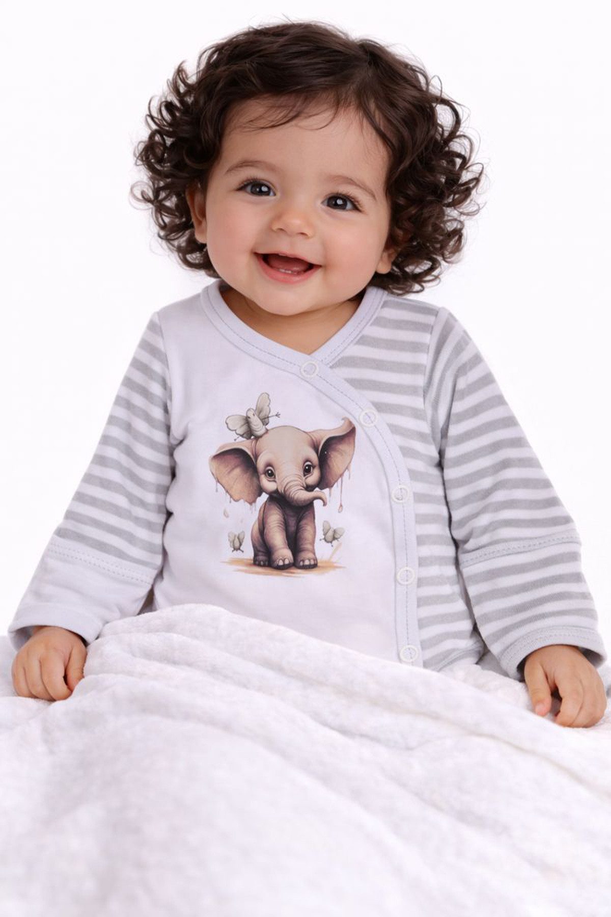Wickelbody Baby Body Langarmbody in Weiß gestreift mit Elefant