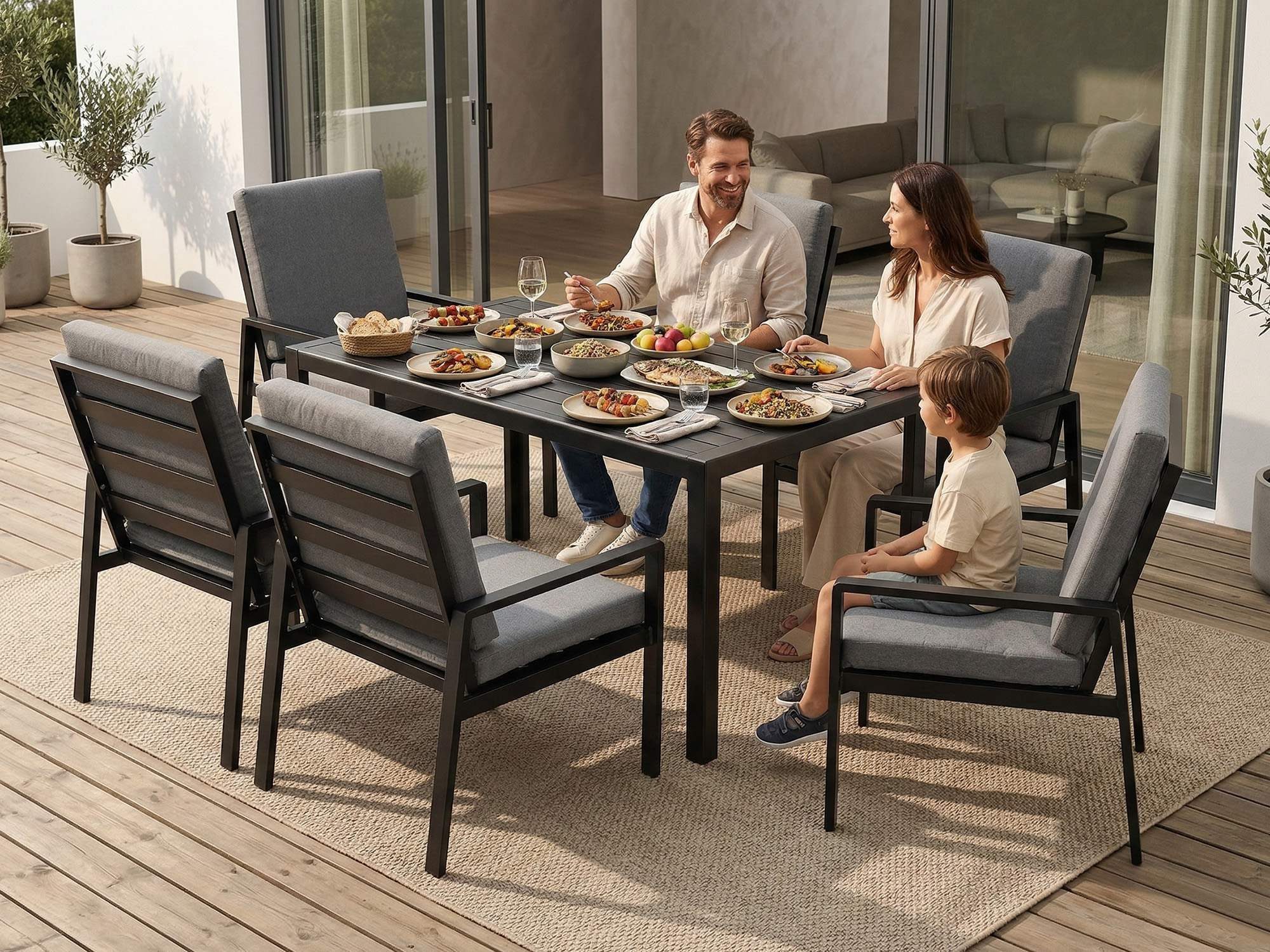 MeXo Gartenlounge-Set Gartenmöbel Set Aluminium Outdoor, (Garten-Essgruppe für 6 Personen, 7-tlg., mit Polywood Tisch & Auflagen), wetterfest für Terrasse & Garten