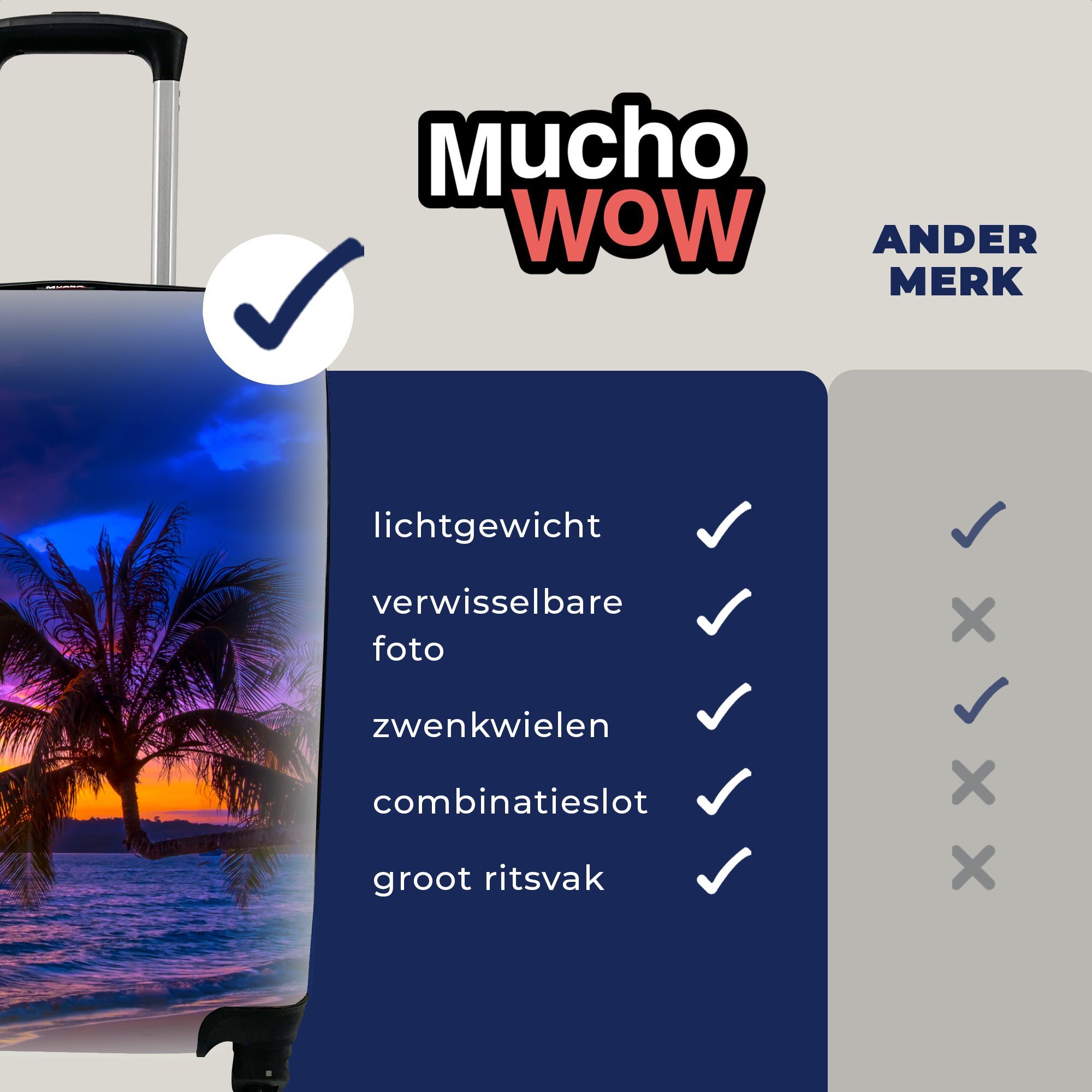 - Handgepäck Trolley, Rollen, Palme Lila Meer, Reisetasche MuchoWow Strand Handgepäckkoffer - Ferien, - rollen, für 4 - Reisekoffer mit Sonnenuntergang