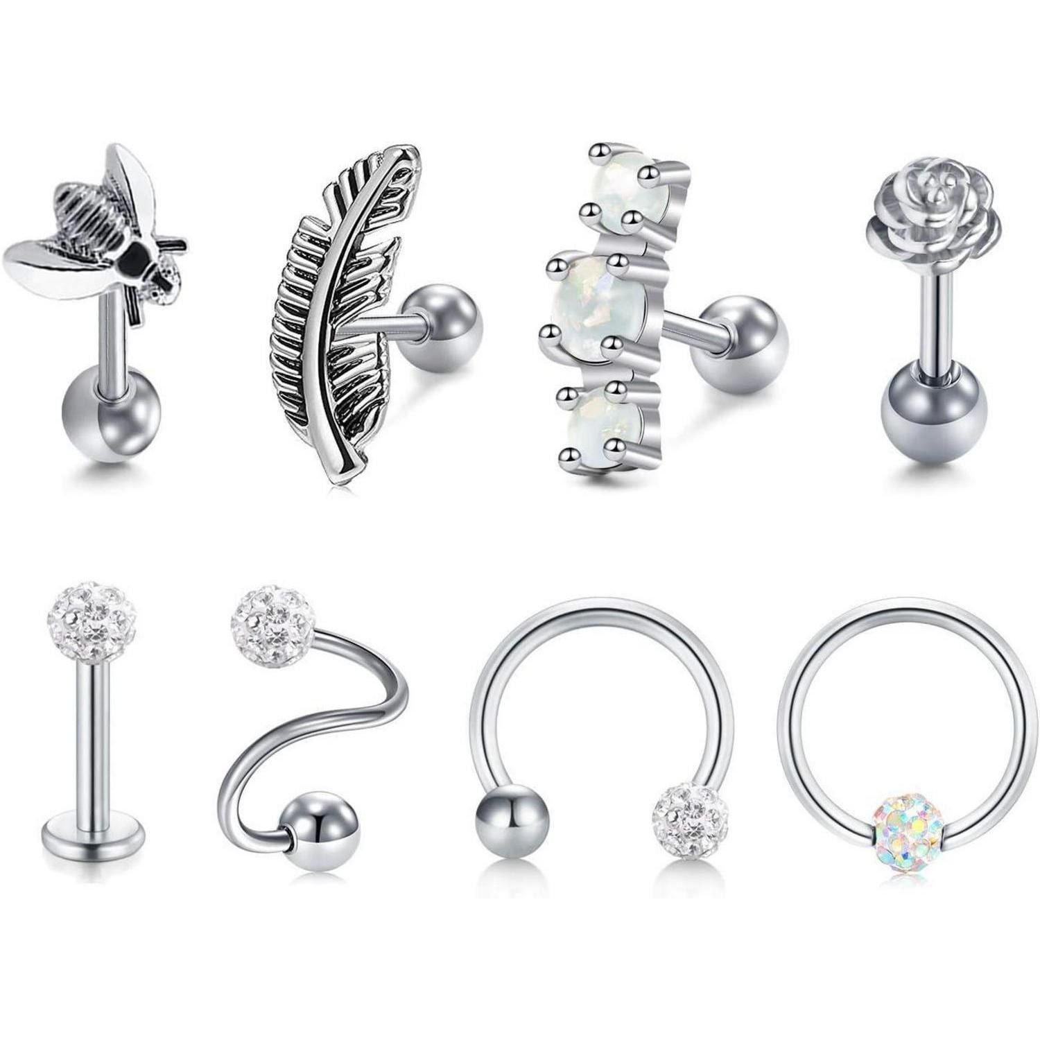 Mayhoop Piercing-Set Tragus Piercing Set 16G Chirurgenstahl CZ Opal Hufeisenring Ohrring