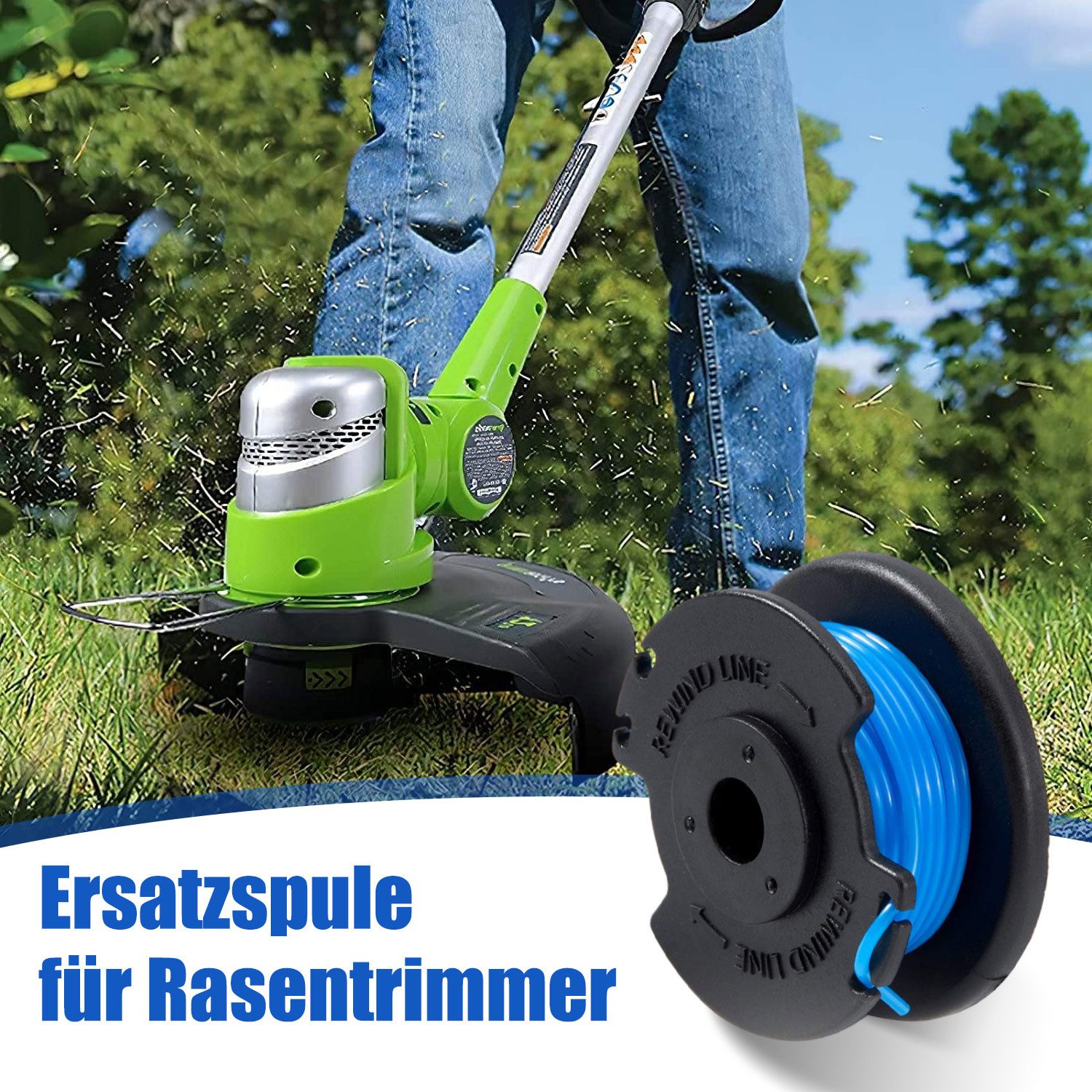 Refttenw Rasentrimmer-Ersatzspule für Ryobi AC14RL3A 1.65mm Fadenspulen und AC14HCA Spulenabdeckung, 8 Trimmer-Gewindespulen, 2 Spulenabdeckungen(3.4 m, 1.65 mm)