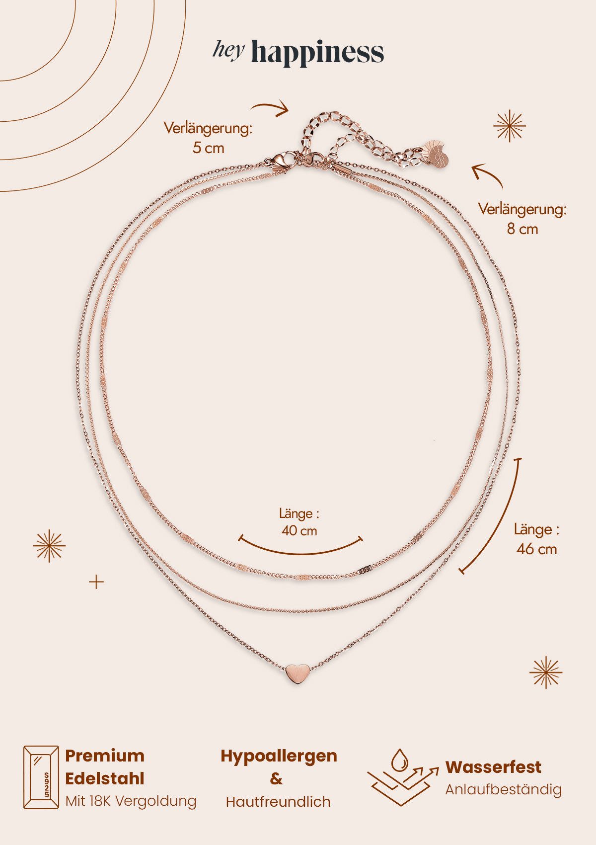 Hey Happiness Collierkettchen-Set Herz und Glieder Layer, Edelstahl vergoldet, Schlichte Damen Halsketten Love Sweetheart – Bild 5 von 5