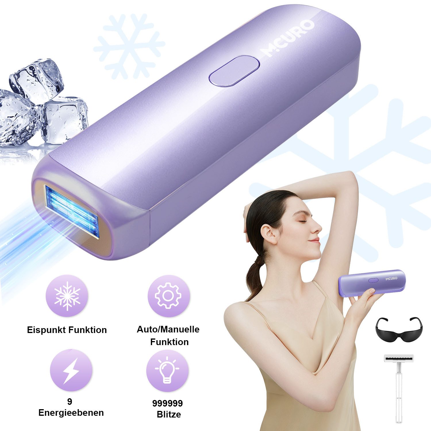 MCURO IPL-Haarentferner IPL-Haarentfernungsgerät mit Eiskühlungsfunktion, 999,999 Lichtimpulse, 9 Energiestufen Hohe Energiedichte von 15 J / 3,3 cm², Haarentfernung Laser für Männer, Frauen, Achseln, Beine, Körper
