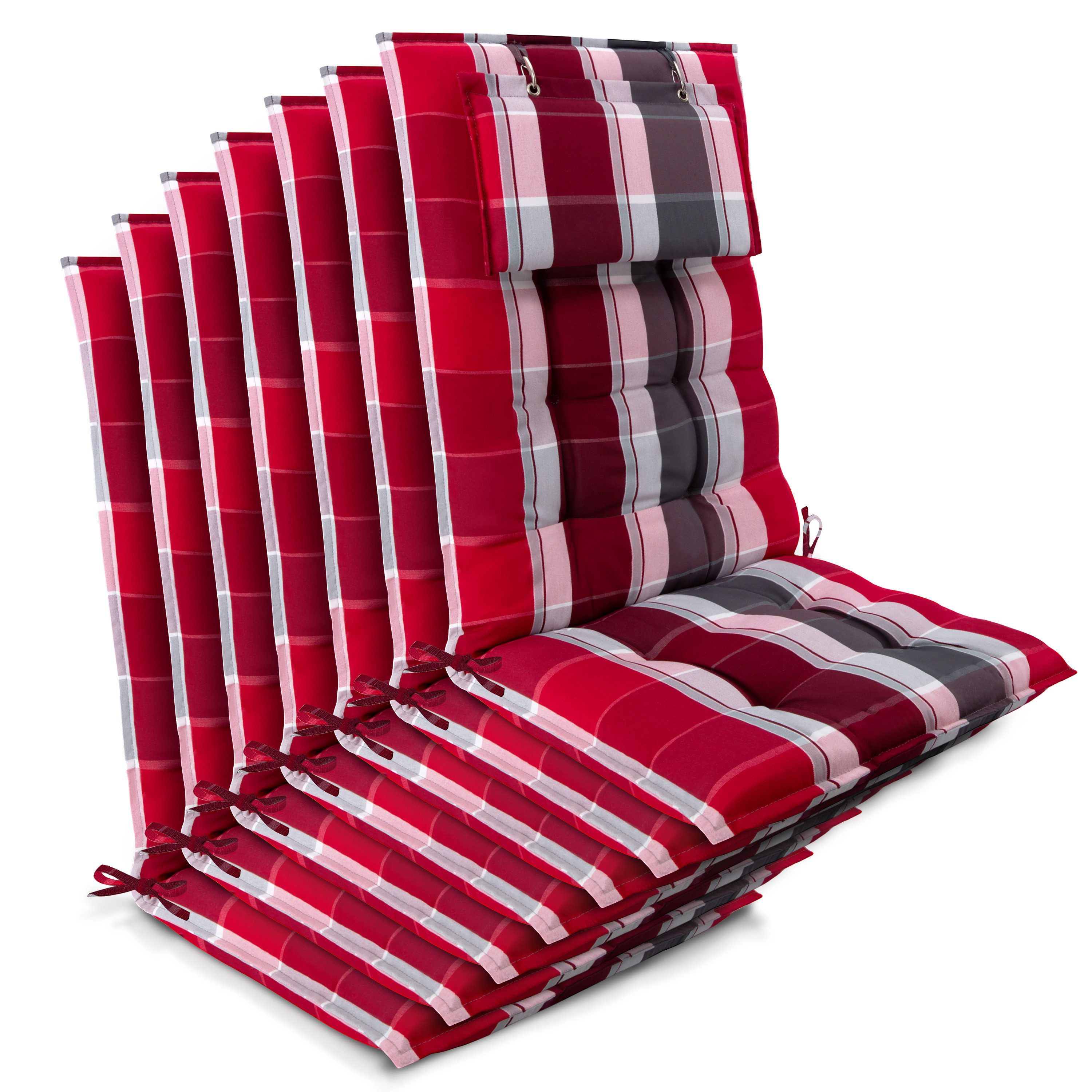 Beautissu Hochlehnerauflage 7er Set Sun-HL Hochlehner Auflage 120x50x8cm Rot-Gestreift, Mit Kopfpolster, rutschfest & robust – Befestigungsbänder, UV 5