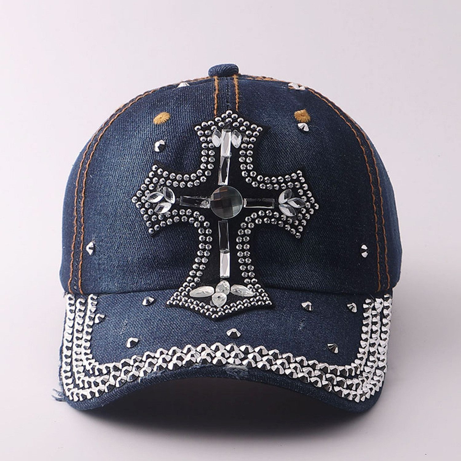KARMA Schirmmütze Basecap Damen Kreuz Baumwolle Kristalle Baseball Cap (1-St., Used-Look gebogener Schirm Schirmmütze Basecap) Jeansblau Hell od. Dunkelblau verstellbar
