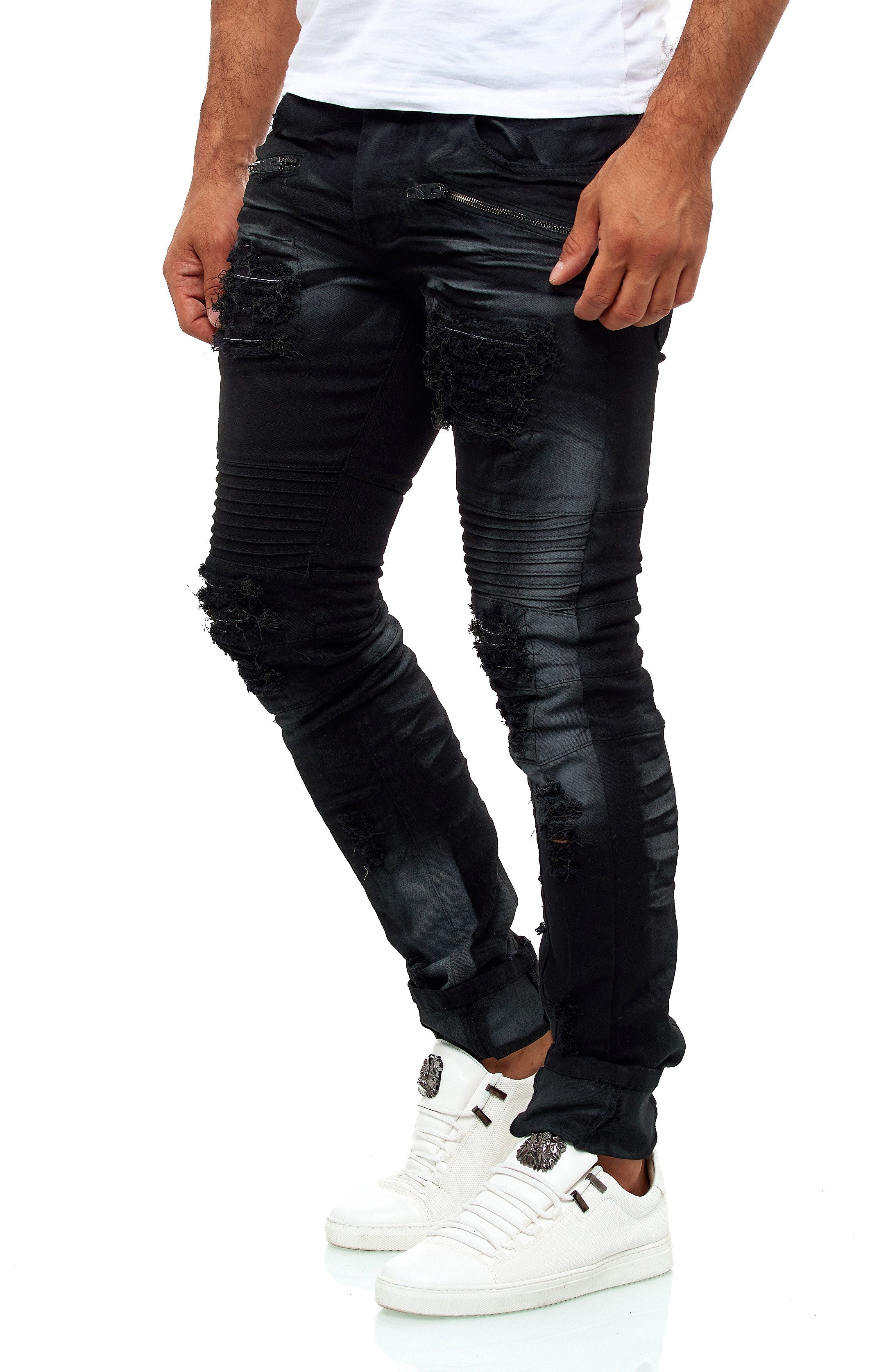 KINGZ Slim-fit-Jeans Herren Destroyed Biker Jeans Batik Look günstig online kaufen