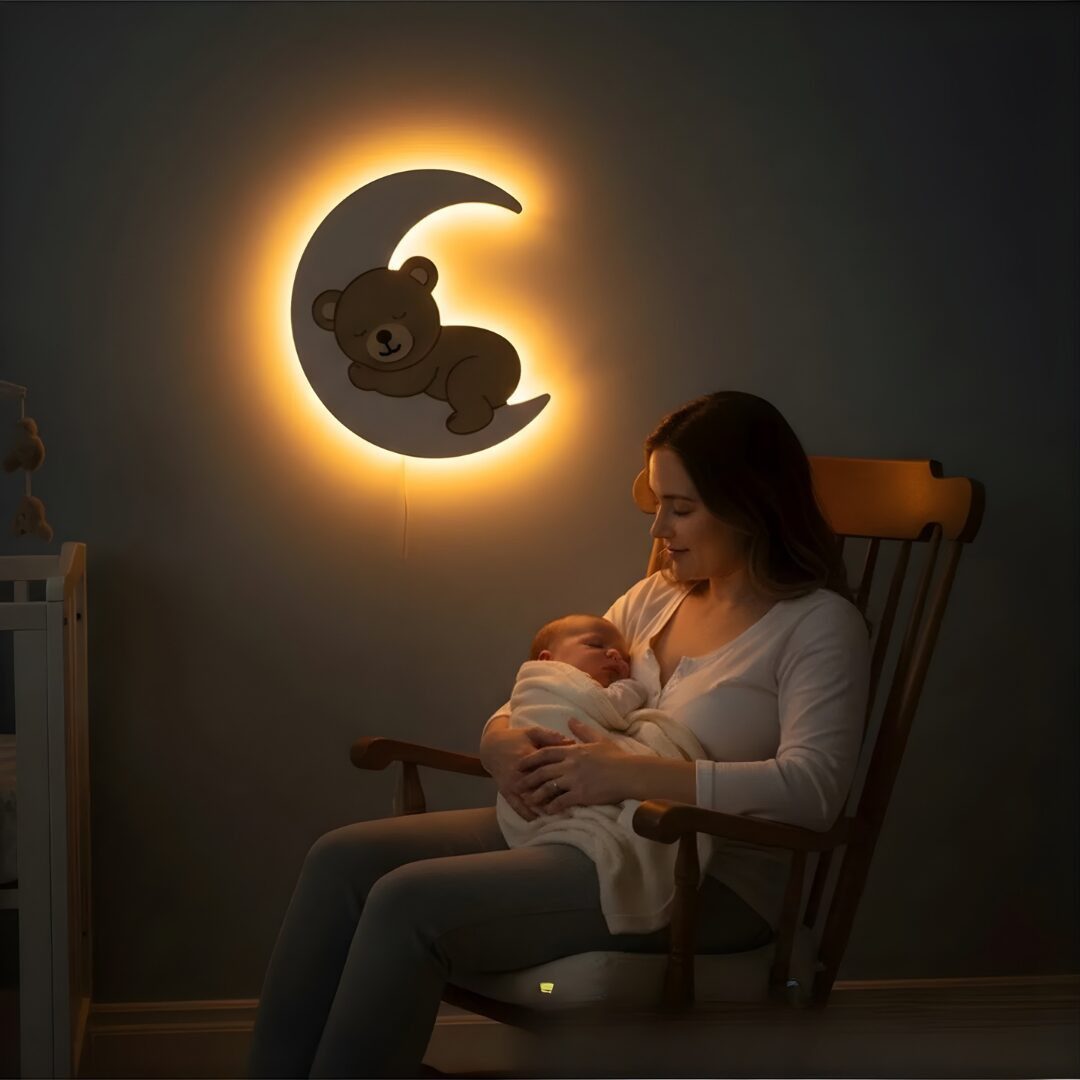 COZYCOLLECTIONS LED Wandleuchte LED-Wandnachtlicht Schlafender Bär auf Mond 36 cm,Rosa, LED, Warmweiß, Montessori-inspiriertes Mond-Nachtlicht in 5 Farbvarianten