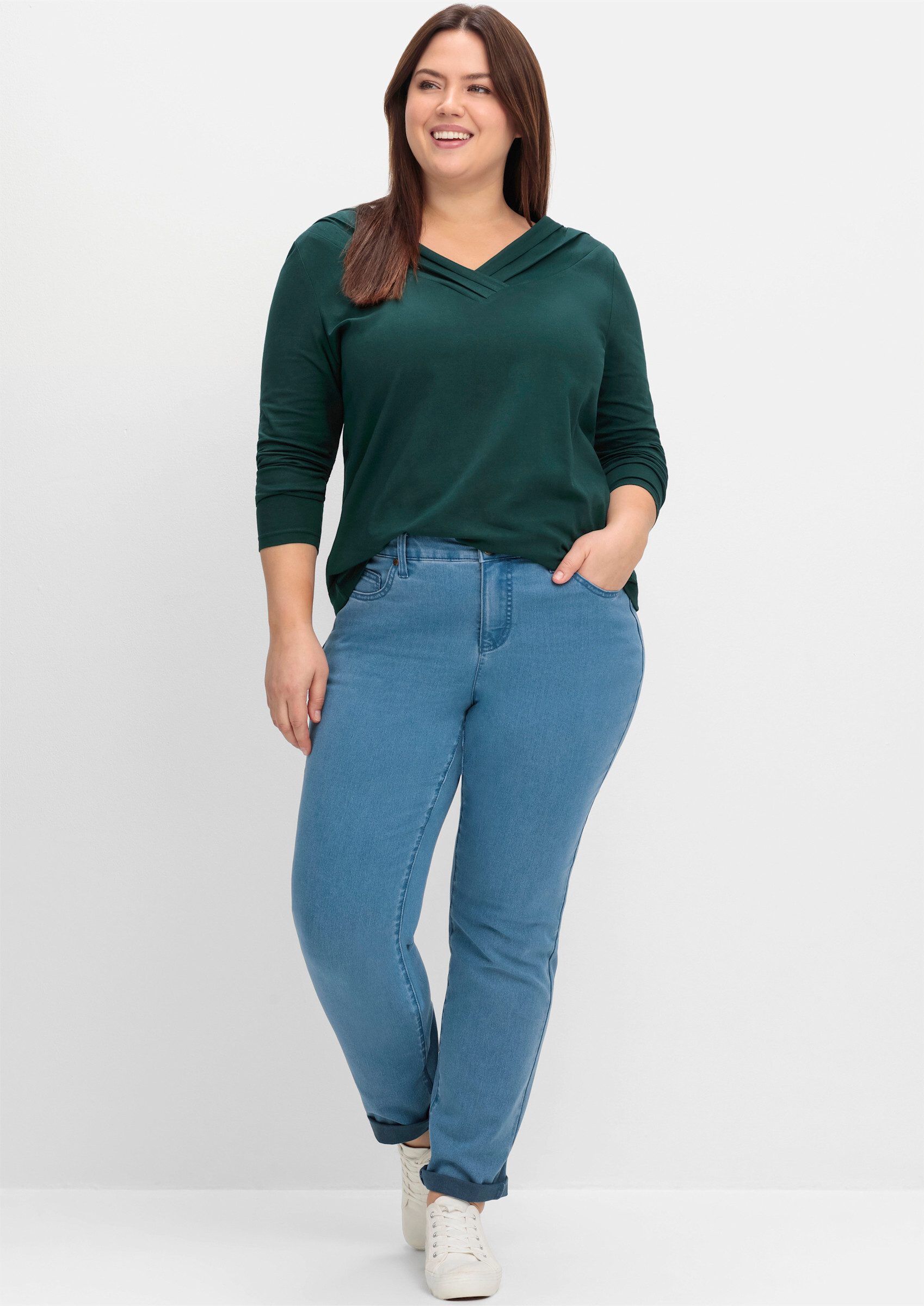 sheego by Joe Browns T-Shirt Langarmshirt . mit Zierfalten am V-Ausschnitt, günstig online kaufen