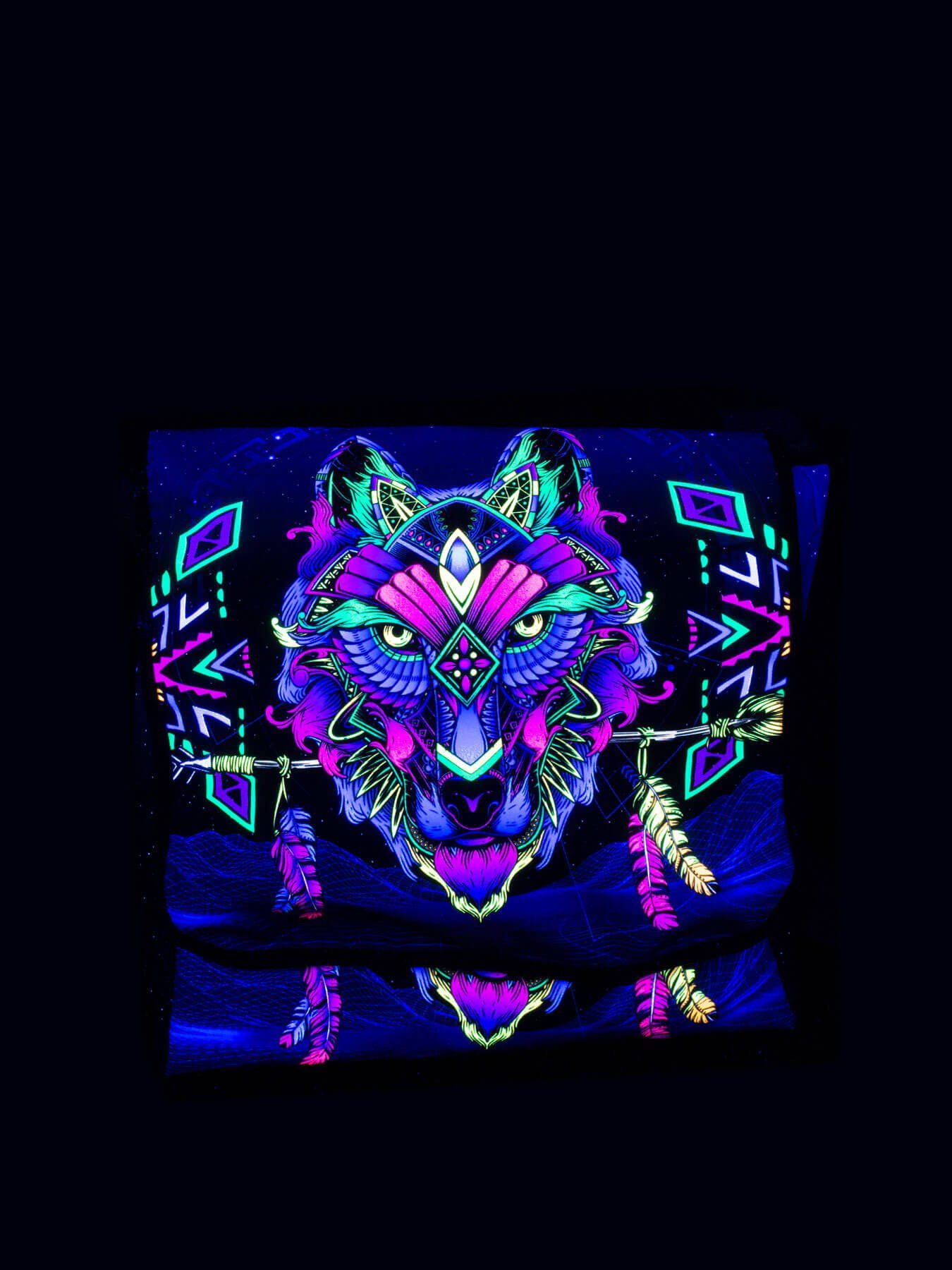 Umhängetasche Schwarzlicht PSYWORK UV-aktiv, Tragetasche Wolf", Neon leuchtet "Sentymo Schwarzlicht unter