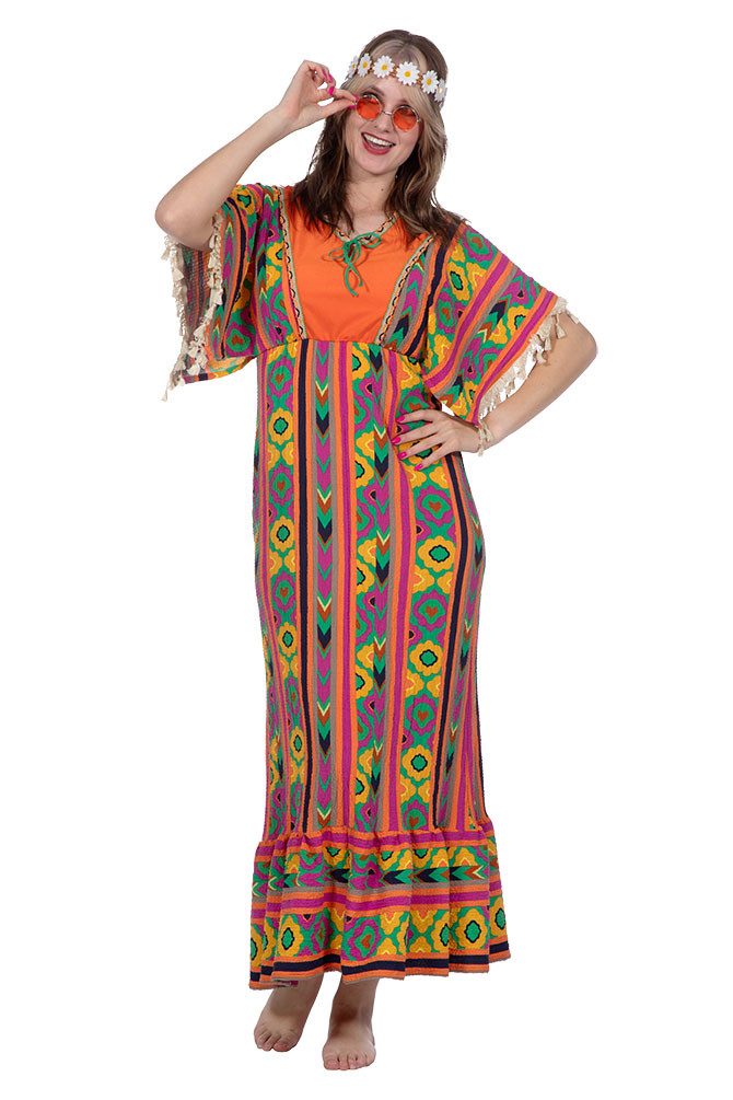 Karneval-Klamotten Hippie-Kostüm Hippie Damen Plus Size 60er Jahre lang orange bunt, Flower Power Damenkostüm hochwertig große Größen mit Blumen Fasching