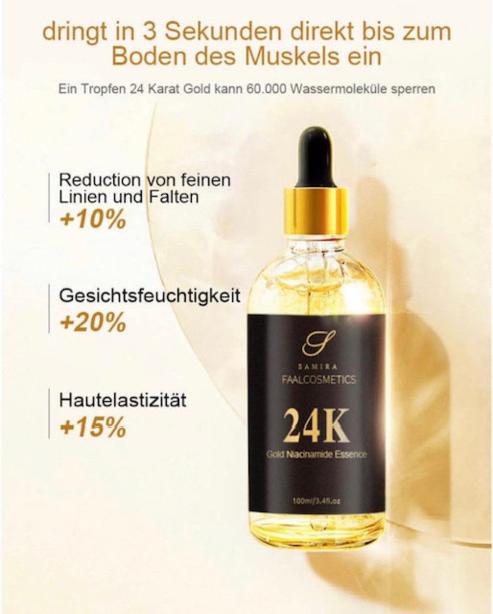 Samira Anti-Falten-Serum Hyaluron Serum Konzentrat 6 fach mit 24K echtgold Partikel, 1-tlg., verjüngt und verpasst Ihnen auch einen gesunden Glow.