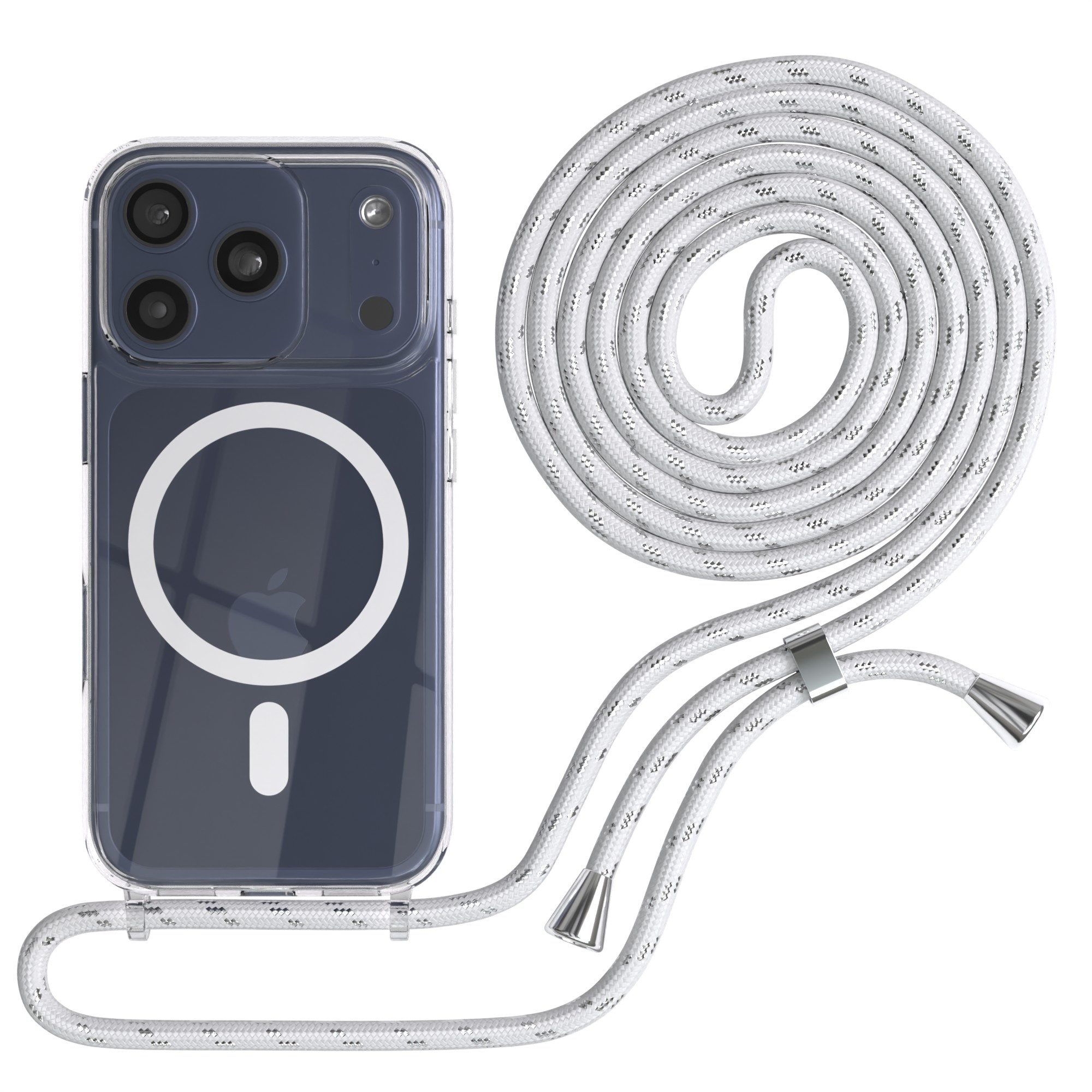 EAZY CASE Handykette mit Magsafe Hülle für Apple iPhone 17 Pro 6,3 Zoll, Handykordel Qi-Case Slimcover mit Umhängeband zum Umhängen Weiß Silber