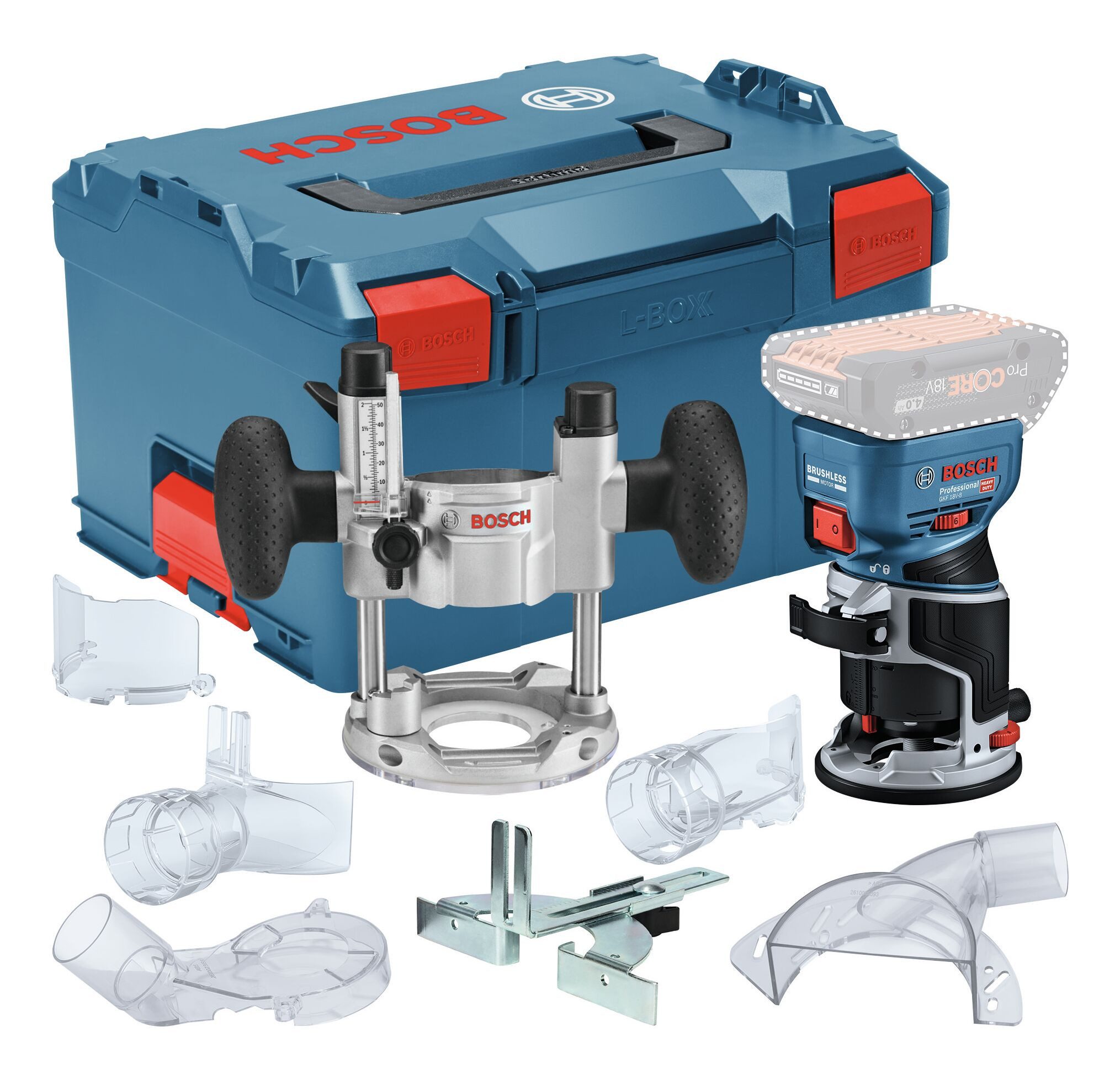 BOSCH Akku-Fräse GKF 18V-8, 18 in V, Kantenfräse Heavy Duty Ohne Akku m. Taucheinheit TE 600 - in L-BOXX