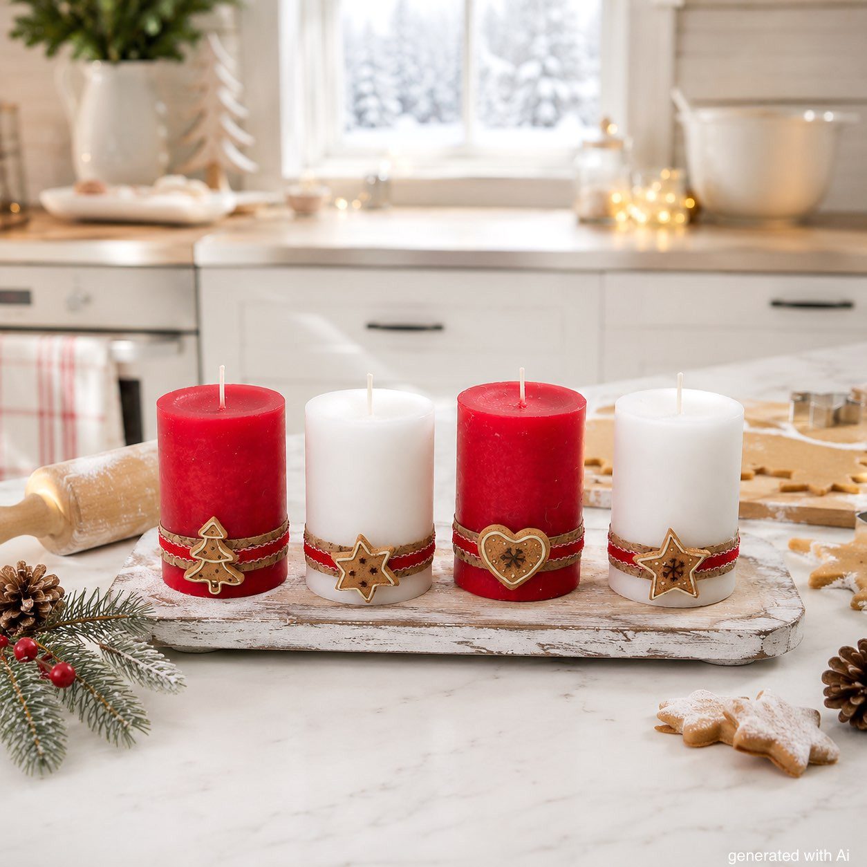 ZauberDeko Adventskerze 4 Adventskerzen Kerzen Stumpenkerzen Rot Creme Kekse Plätzchen Deko