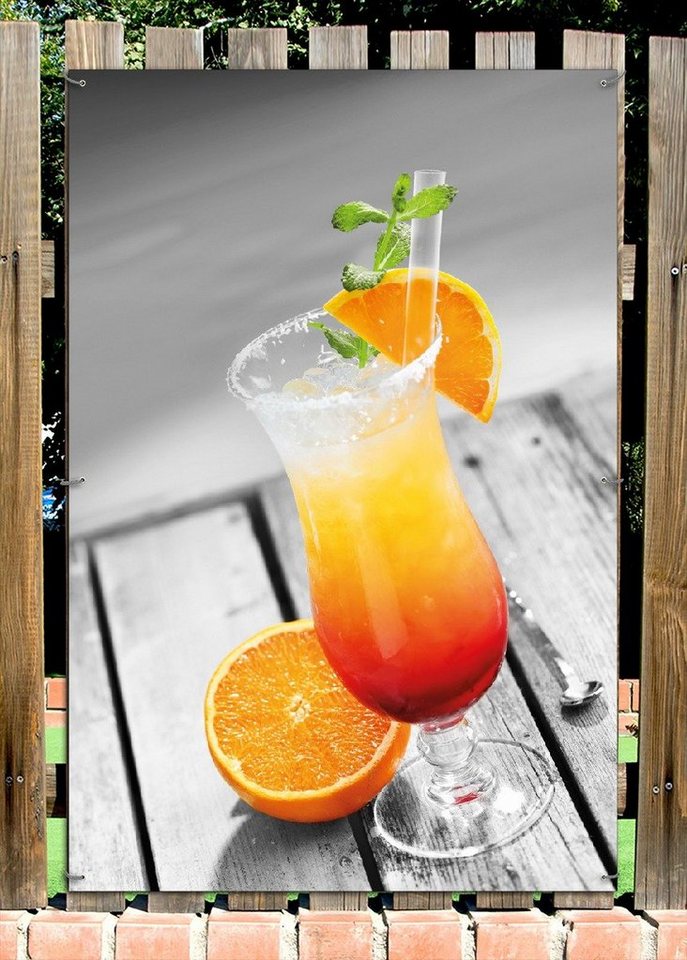Thumbnail - Wallario Sichtschutzzaunmatten Bunter Cocktail am Pool mit Hintergrund in schwarz weiß