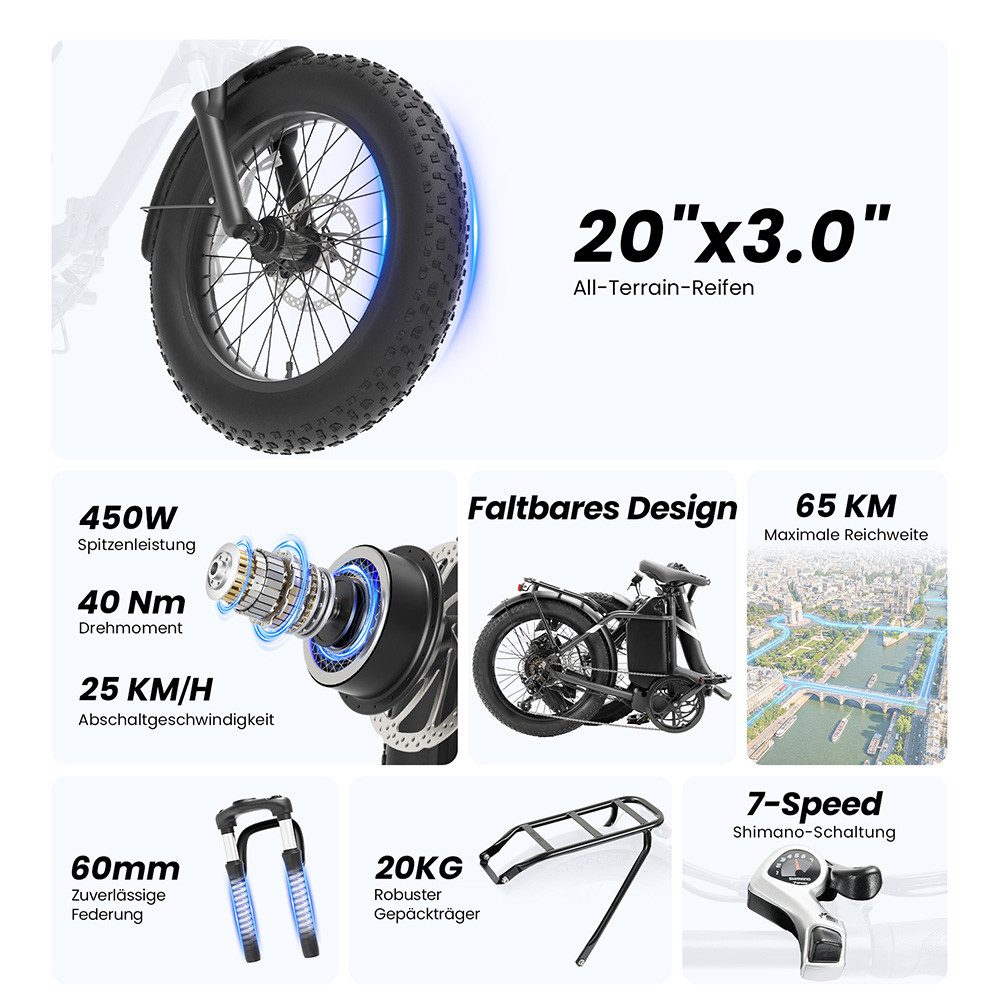 Touroll E-Bike S3 20 Zoll Elektro‑Fat‑Faltfahrrad, 7 Gang Shimano, Heckmotor, 468 Wh, 25 km/h, abnehmbarer Akku, 250 W Nennleistung, 20"×3,0" Fat‑Reifen