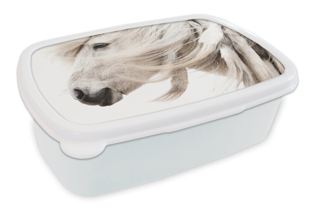 MuchoWow Lunchbox Pferd - Mähne - Weiß, Kunststoff, (2-tlg), Brotbox für Kinder und Erwachsene, Brotdose, für Jungs und Mädchen
