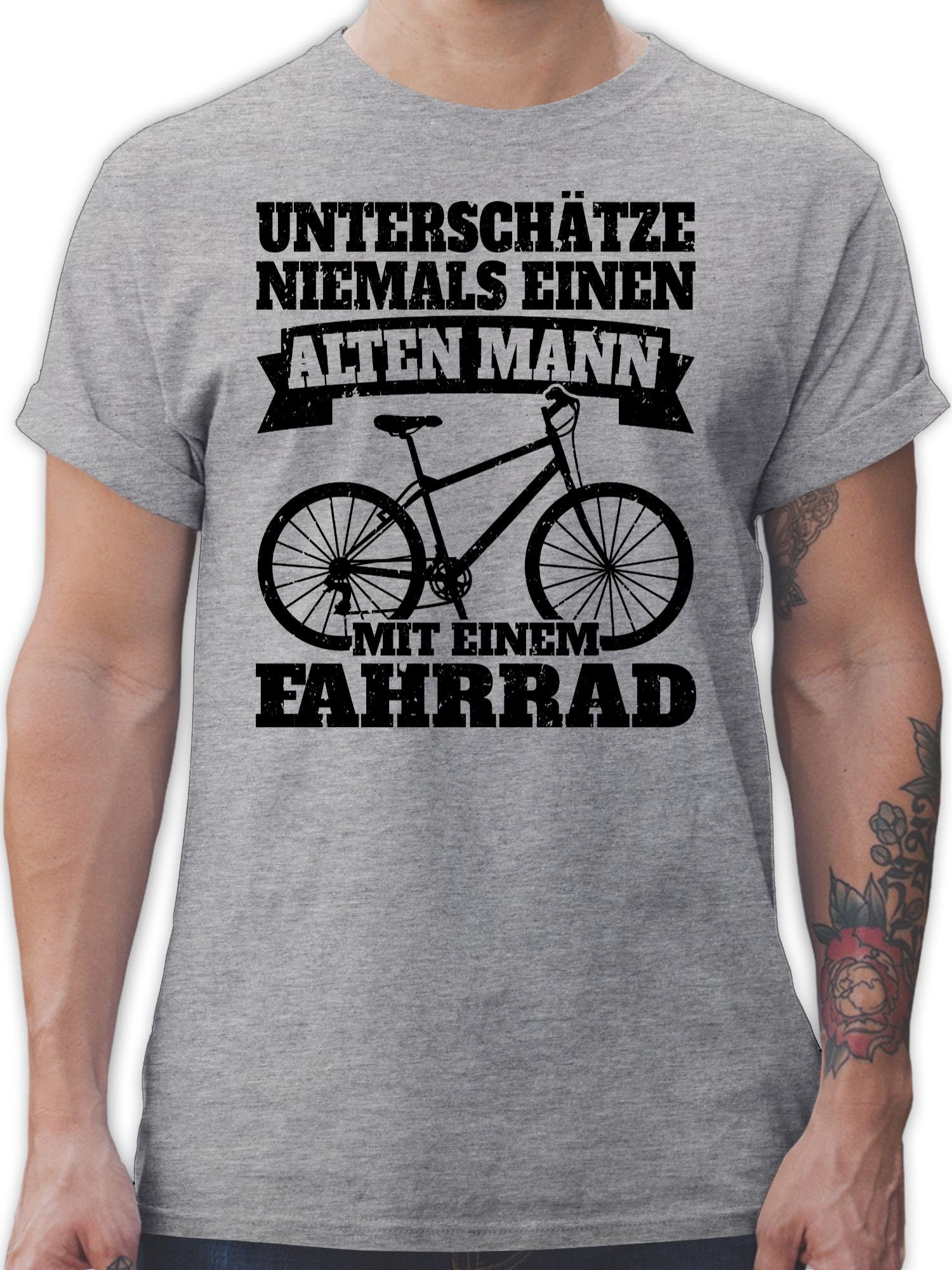Shirtracer T-Shirt Unterschätze niemals einen alten Mann mit einem Fahrrad - schwarz Fahrrad Bekleidung Radsport 02 Grau meliert