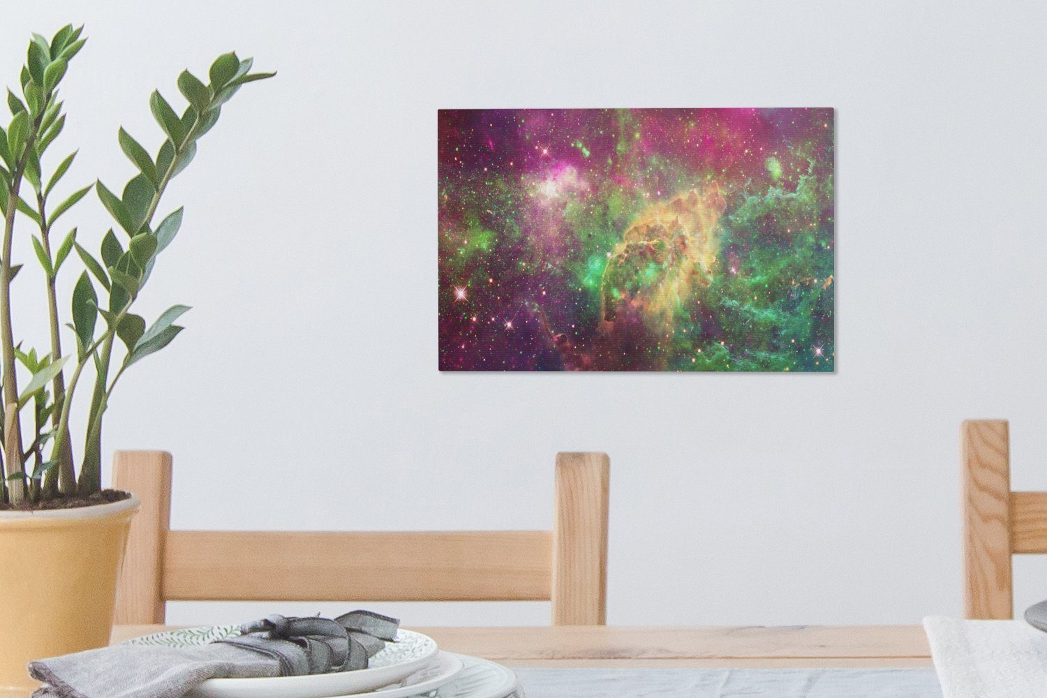 OneMillionCanvasses® Leinwandbild Weltraum - Wandbild Aufhängefertig, Grün Sterne, Wanddeko, (1 - cm St), 30x20 Leinwandbilder