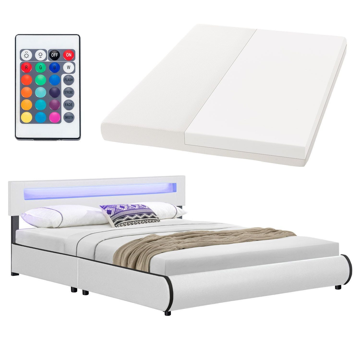 Juskys Polsterbett Sevilla, 180x200 cm, RGB-LED, Kunstleder, weiches Kopfteil, inkl. Matratze