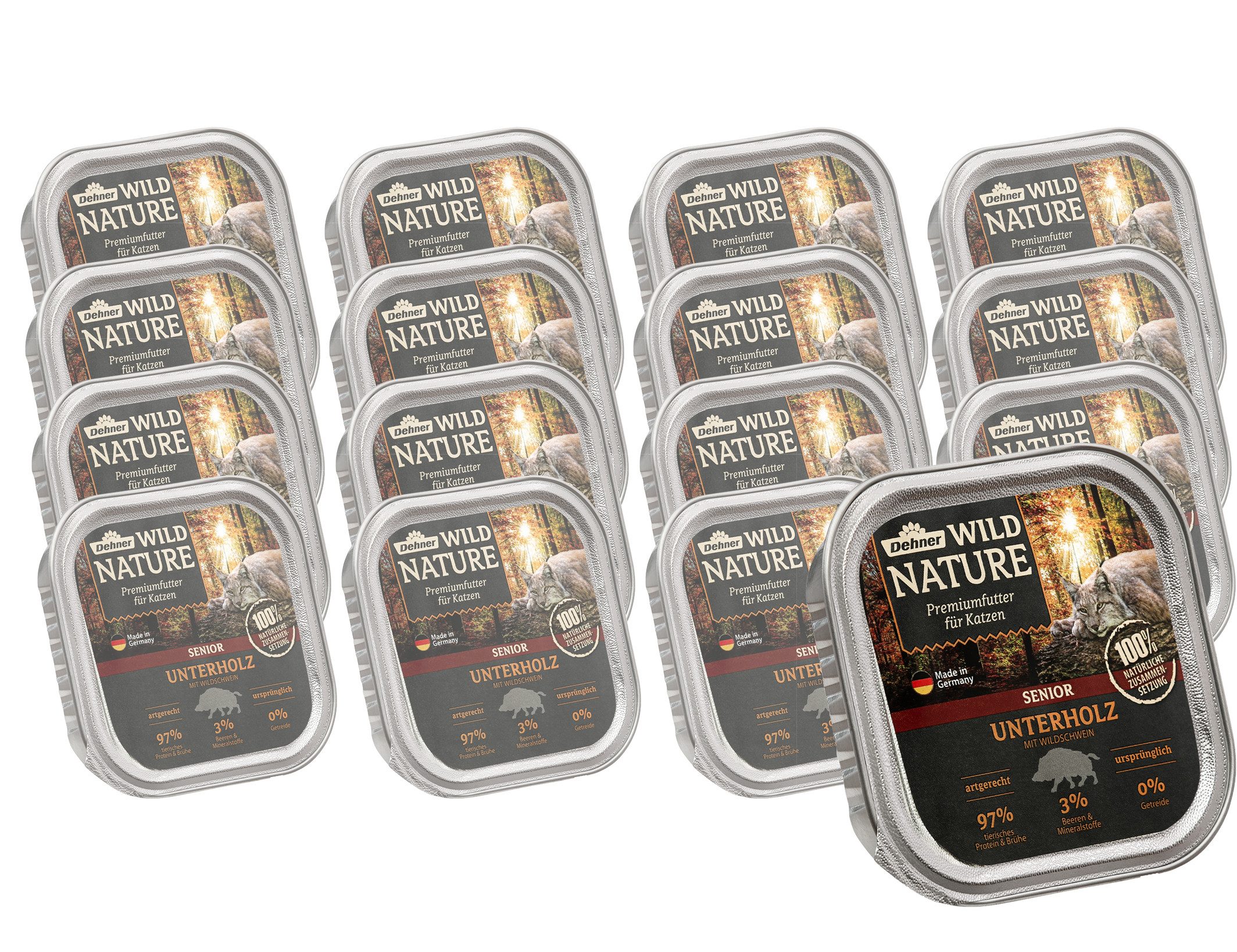 Dehner Katzenfutter Senior Unterholz Wildschwein 16x100 g Wildschwein, Nassfutter für: Katze
