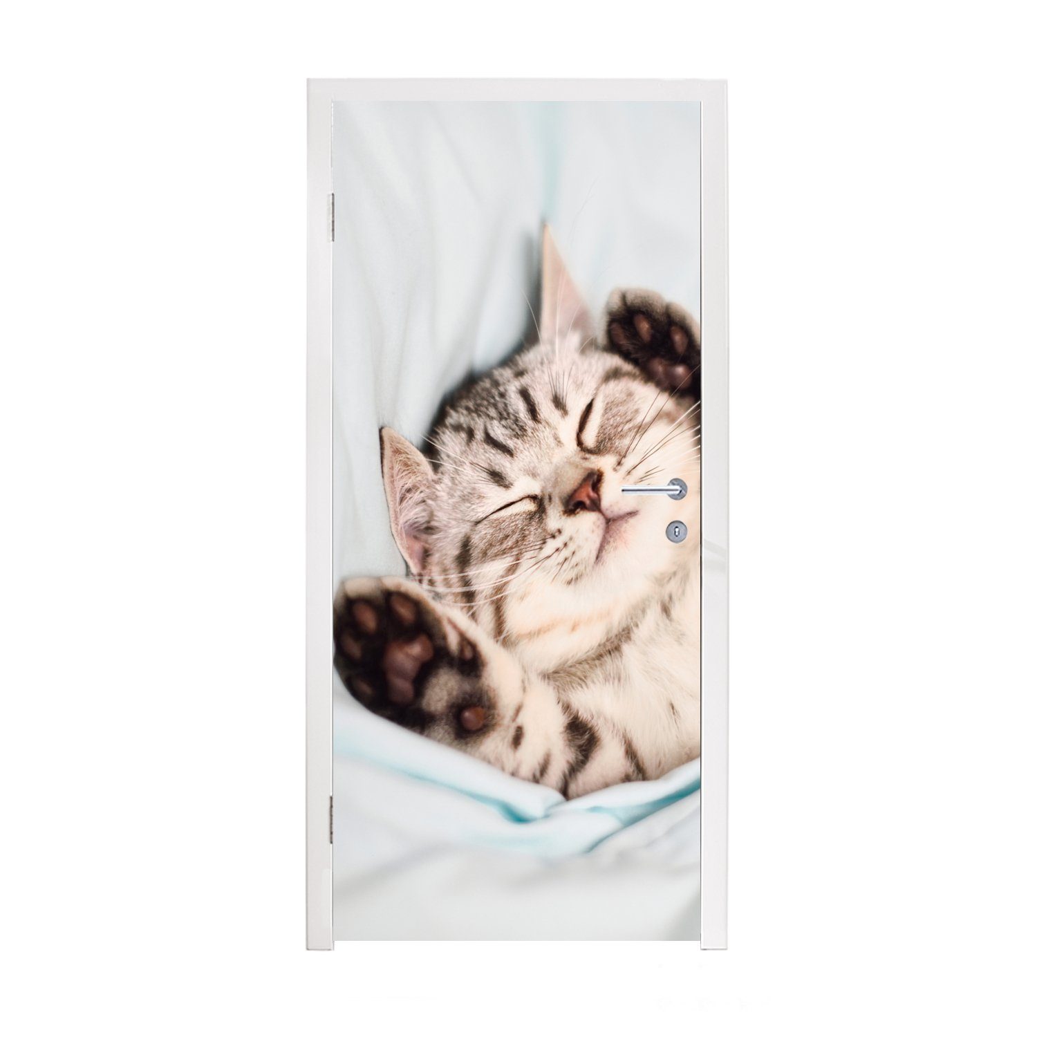 MuchoWow Türtapete Kätzchen - Schlafen - Bett, Matt, bedruckt, (1 St), Fototapete für Tür, Türaufkleber, 75x205 cm