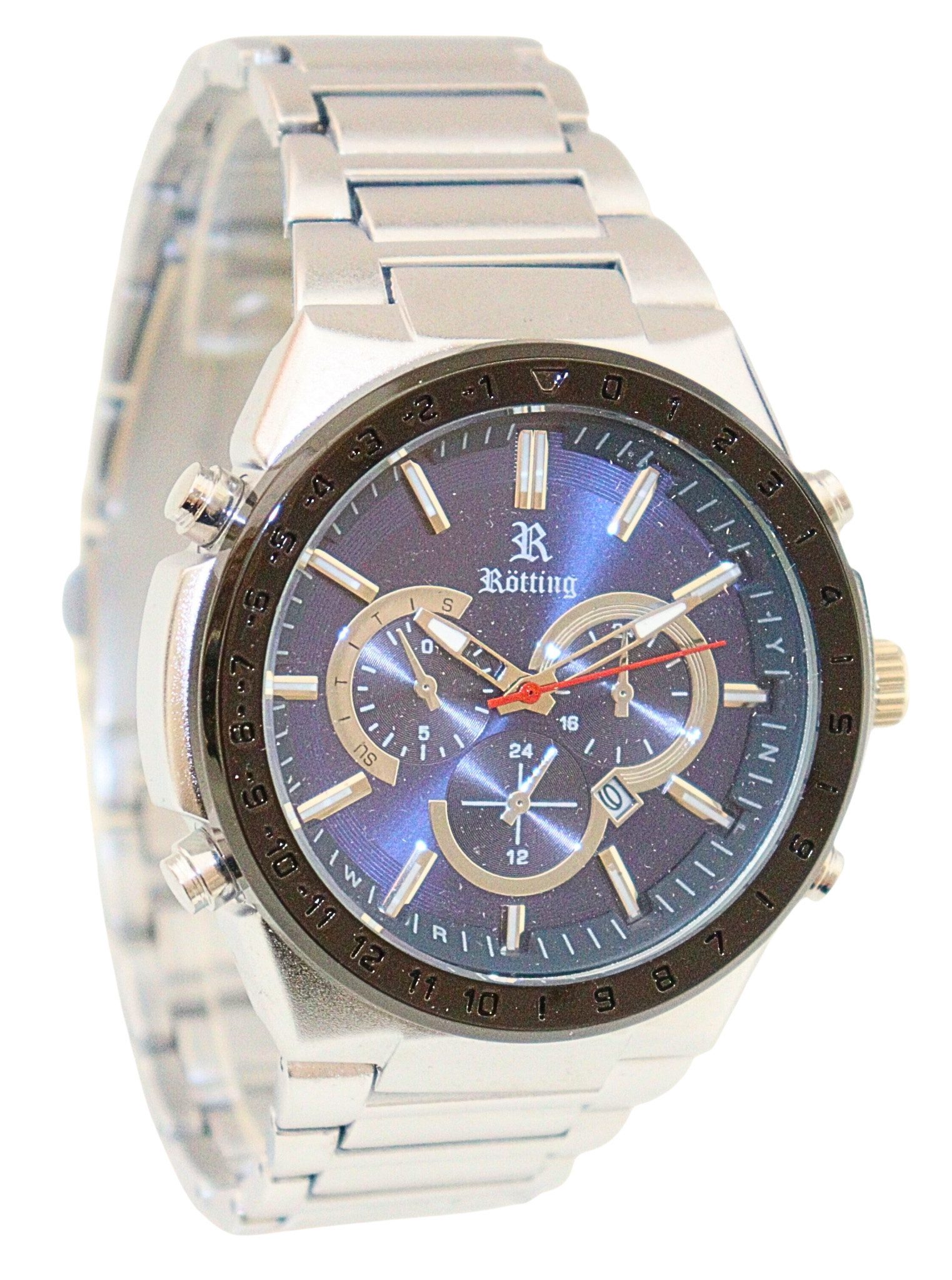 Rötting Design Quarzuhr Herrenuhr Armbanduhr Männeruhr Edelstahl blaues Ziffernblatt, (inkl. Uhrenschatulle - auch zum Versenken geeigent), Datumsanzeige, Handgelenkumfang 18 bis 22 cm wählbar