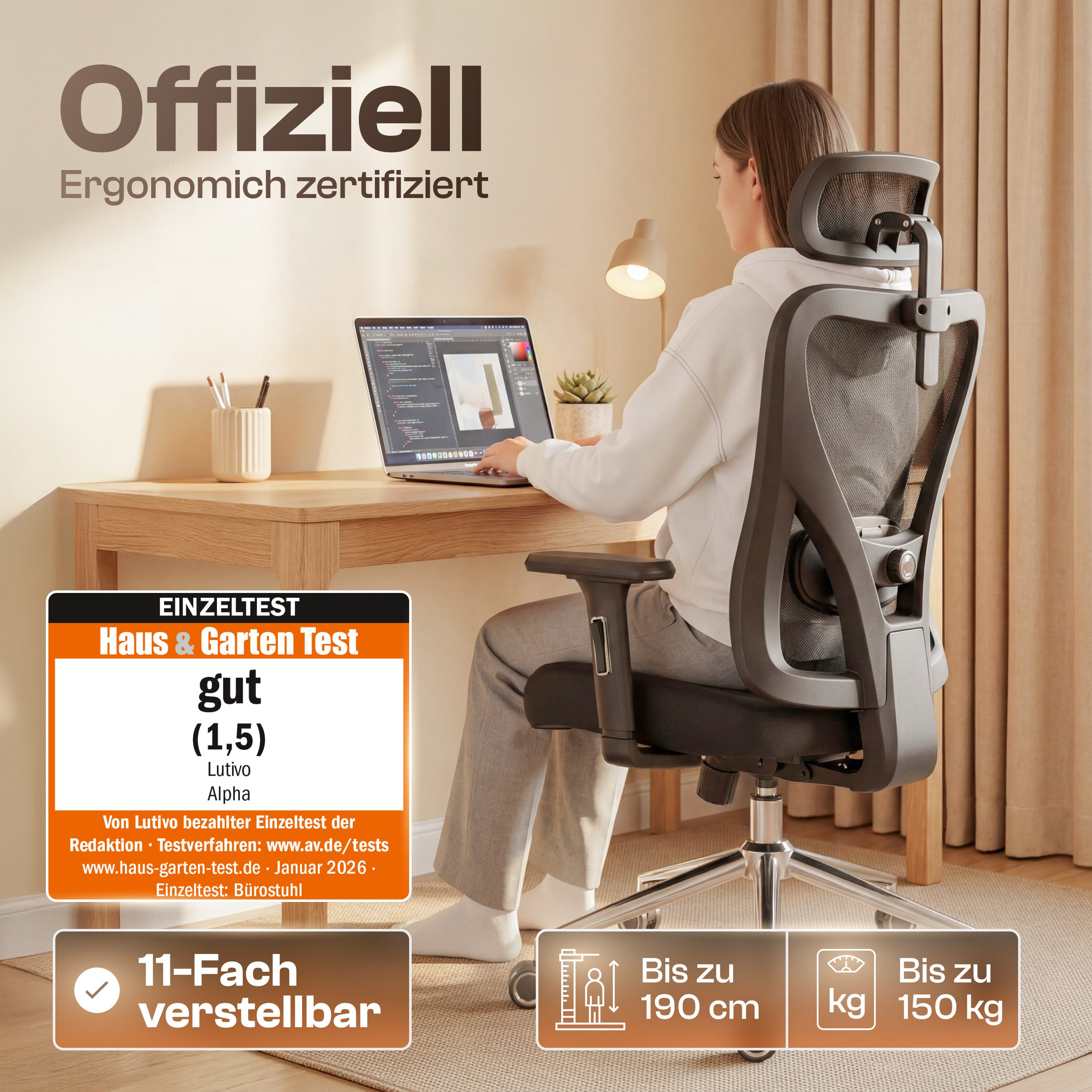 LUTIVO Bürostuhl Ergonomisch & Individuell Anpassbar, Home Office Schreibtischstuhl (Bürostuhl Alpha, Bravo), Einstellung für Sitzhöhe, Kopfstütze, Armlehnen un – Bild 2 von 5