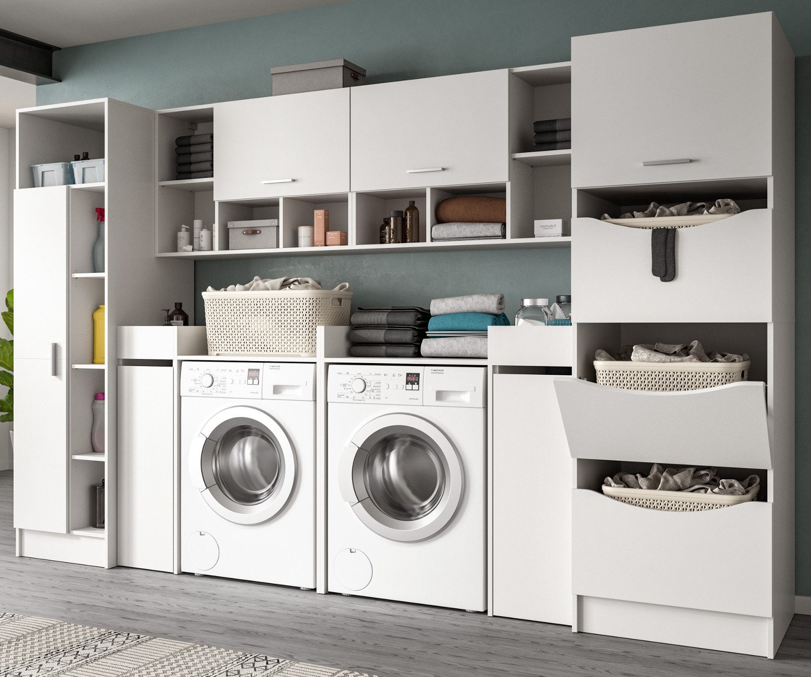 Inn.Furn Waschmaschinenumbauschrank Flexy (Waschmaschinenschrank Set in Weiß, 8-St., 300 x 196 cm) mit Soft-Close, Apothekerauszug und 20 Fächern