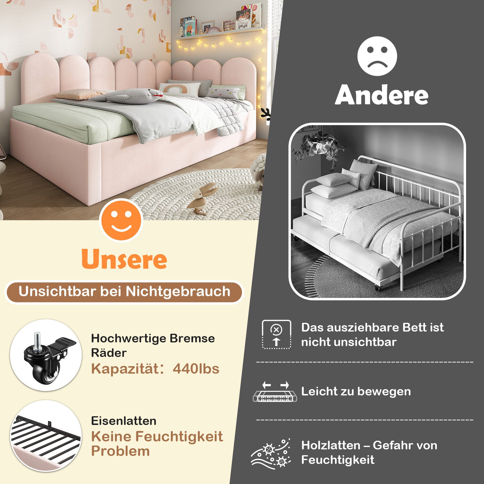 Celya Polsterbett Daybett 90x200cm,Tagesbett Schlafsofa mit Ausziehbett 90x190cm (Rosa, ohne Matratze), Kinderbett mit Lattenrost, Samt