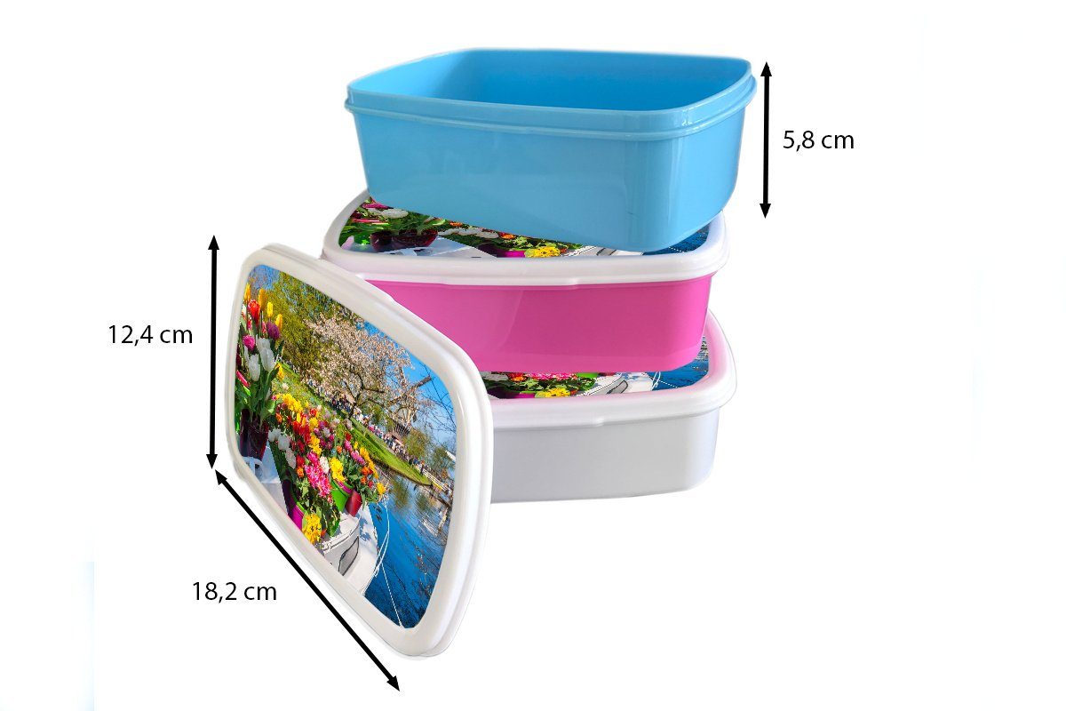 MuchoWow Lunchbox Boot mit Brotbox in für weiß Jungs für Südholland, (2-tlg), Kinder Brotdose, Tulpen und Erwachsene, Kunststoff, auf Keukenhof dem und Mädchen