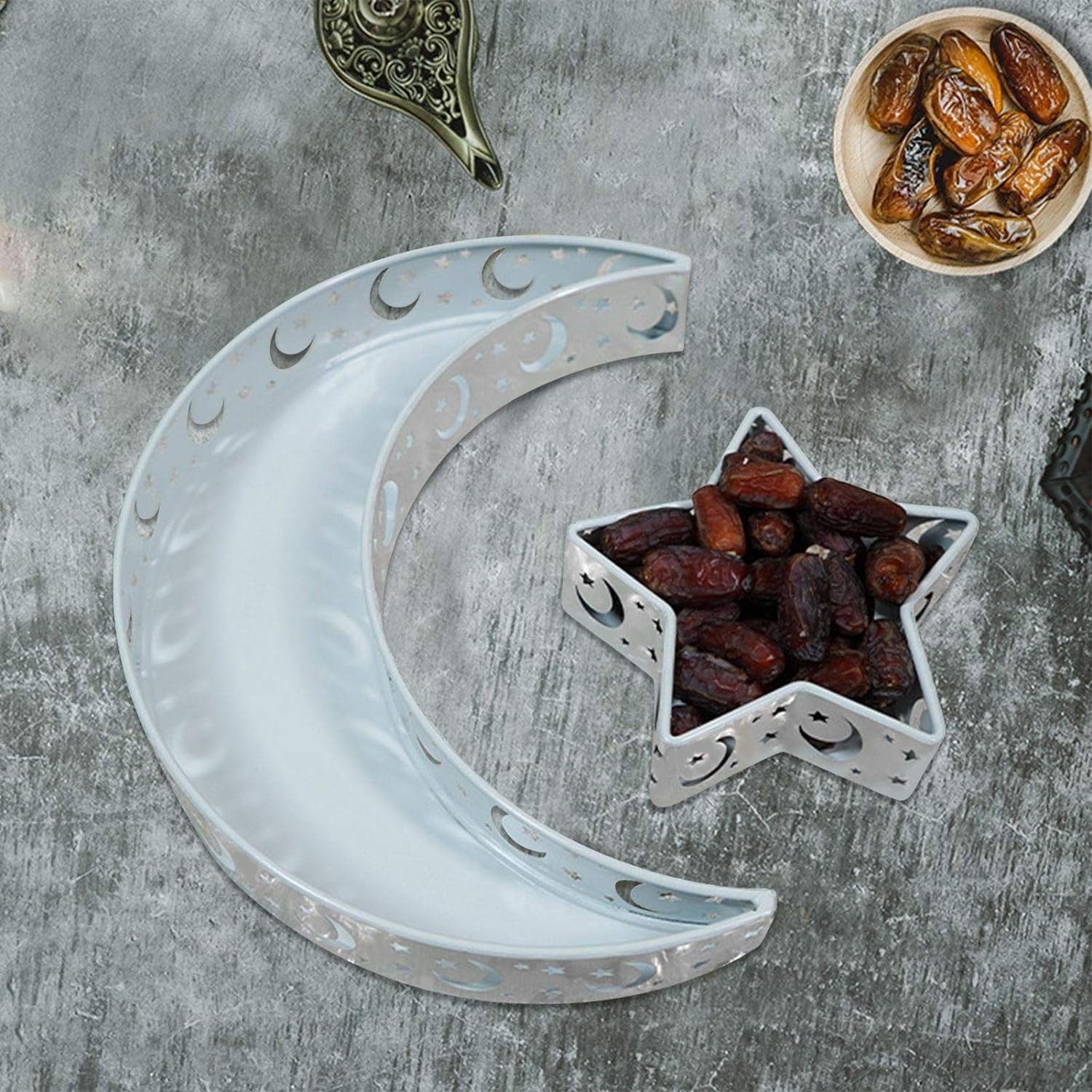 Jormftte Tablett Muslim Eid Food Tray,Moon Star Form Tablett,für Home Deko Gold, Weiß1