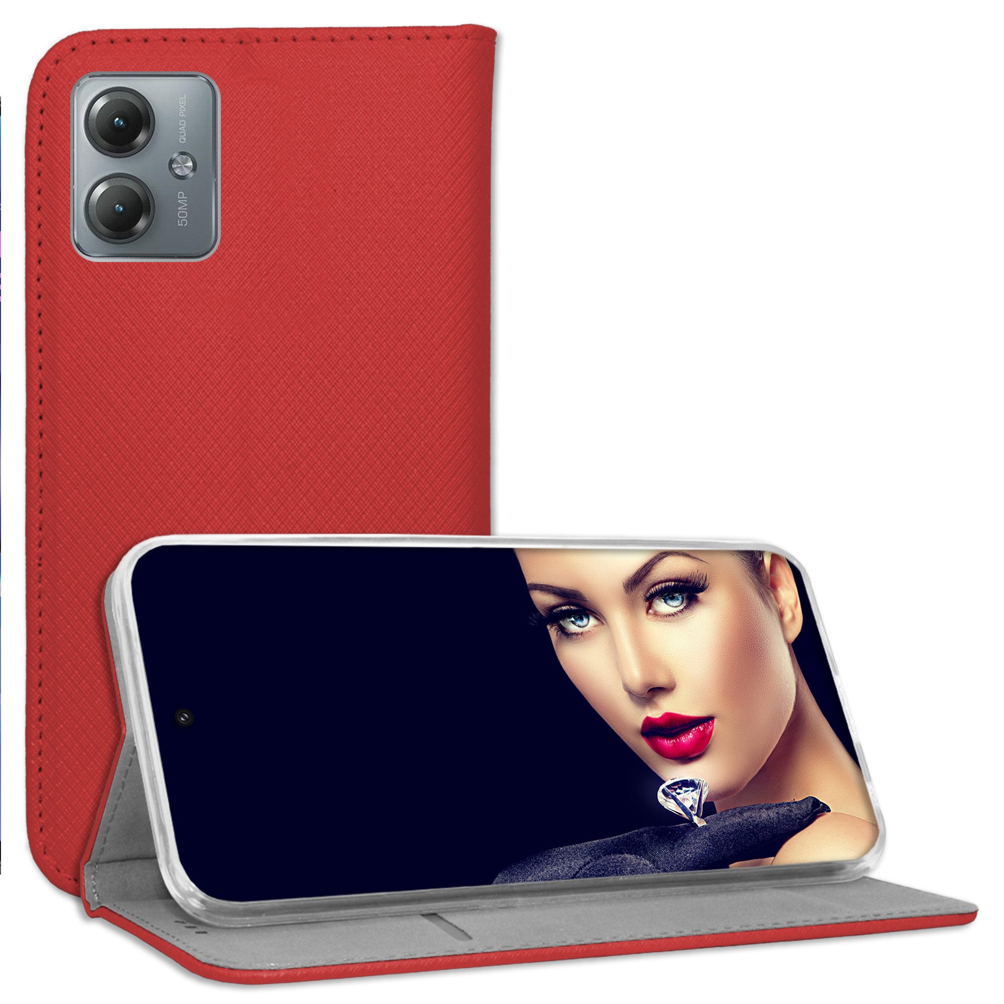 mtb more energy Smartphone-Hülle Smart Magnet für Motorola Moto G14, Rot, Bookstyle Klapphülle Cover Wallet Case aus Kunstleder