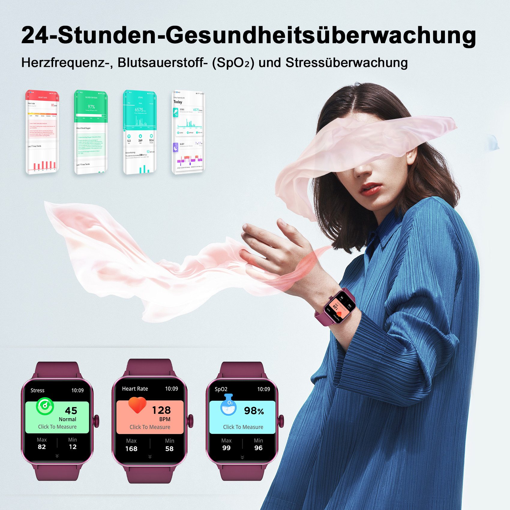 blackview Smartwatch Damen Herren mit 5 Tagen Akkulaufzeit,1,85" HD Touchscreen Smartwatch (1.85 Zoll, iOS/Android), mit Wechselband aus weichemSilikon und Lade – Bild 4 von 5