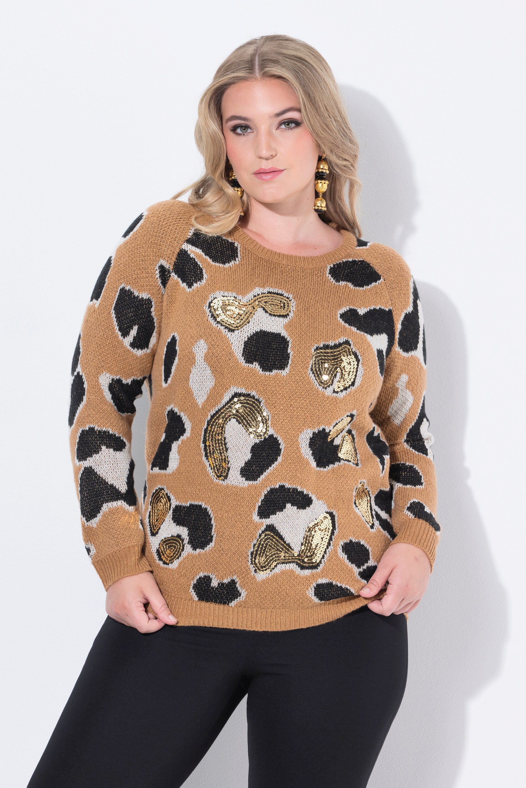 Strickpullover Pullover Pailletten Leomuster Raglan-Langarm