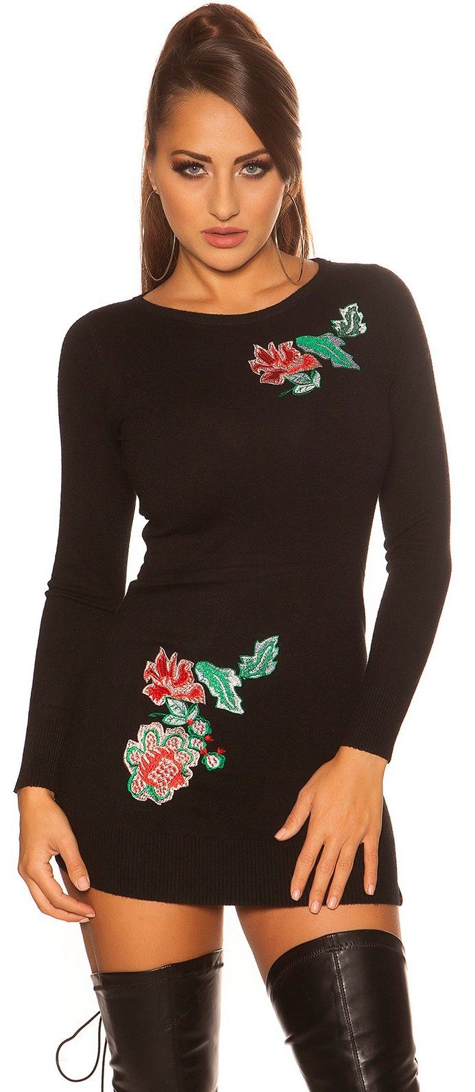 Kleid Minikleid Langarm schwarz floralem Akzent, Blumen mit Longpullover Koucla