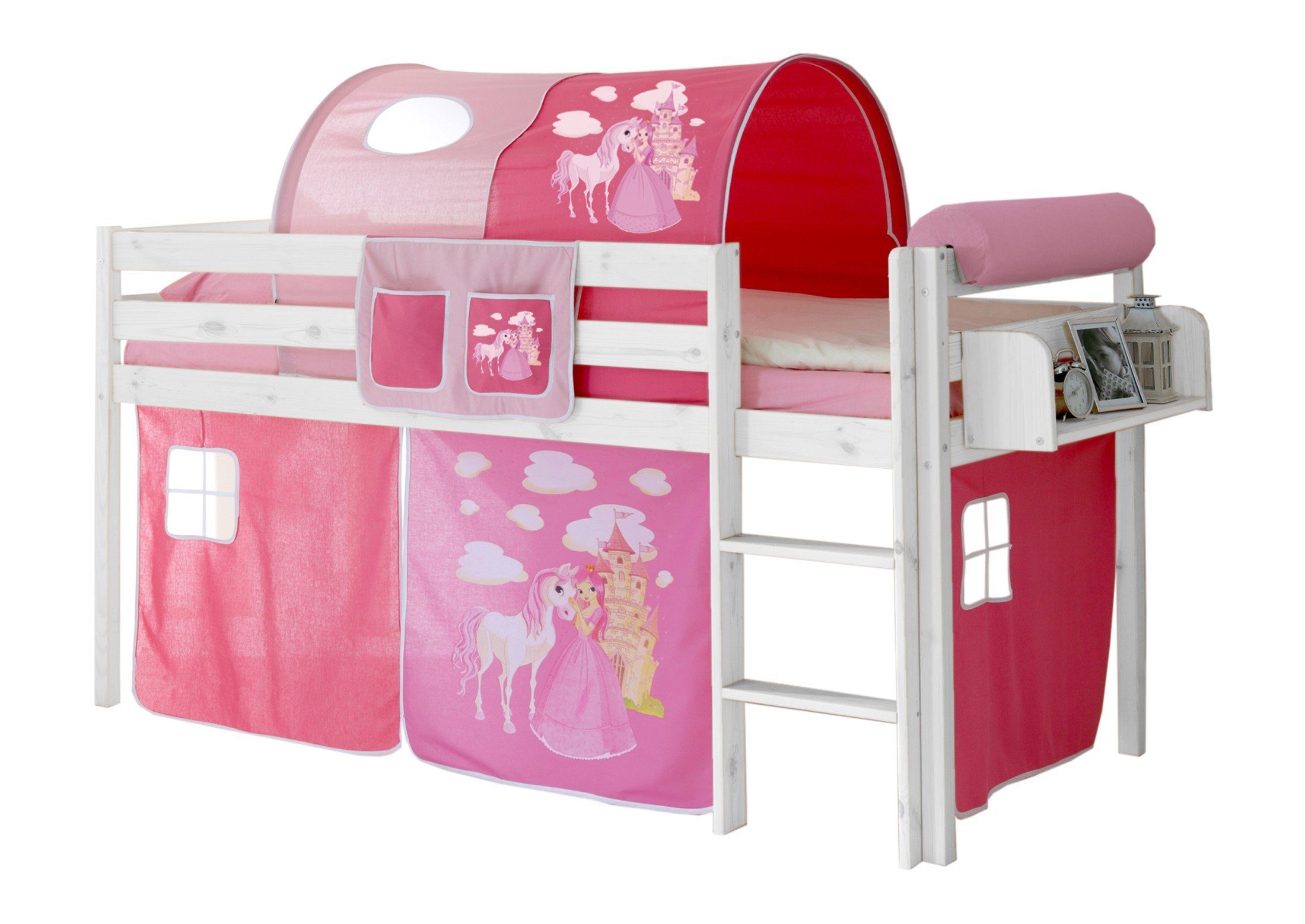 Ticaa Hochbett Hochbett "Malte" Kiefer Weiß Motiv Weiß lackiert (Holzmaserung sichtbar)
