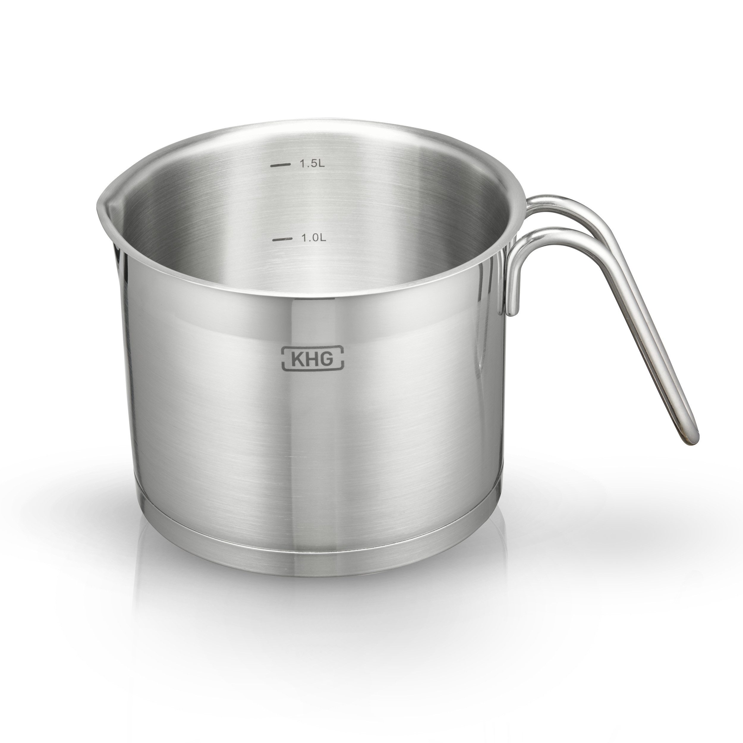 KHG Kochtopf Milchtopf 14 cm Durchmesser, inkl. Ausguss, Edelstahl, 1,5 Liter Volumen, Innenskala, für alle Herdarten inklusive Induktion