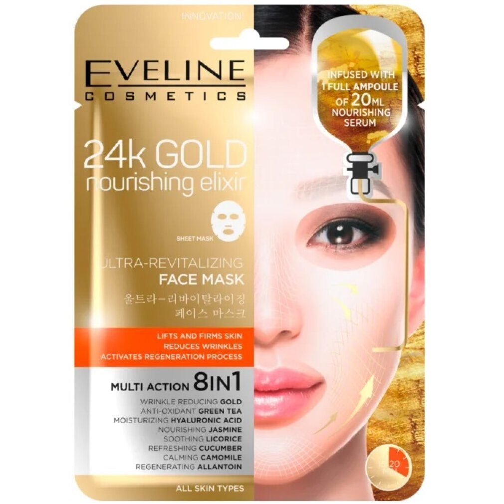 Eveline Cosmetics Gesichtsmaske 24k Gold Nourishing revitalisierende 8-in-1 Blatt Maske 20ml