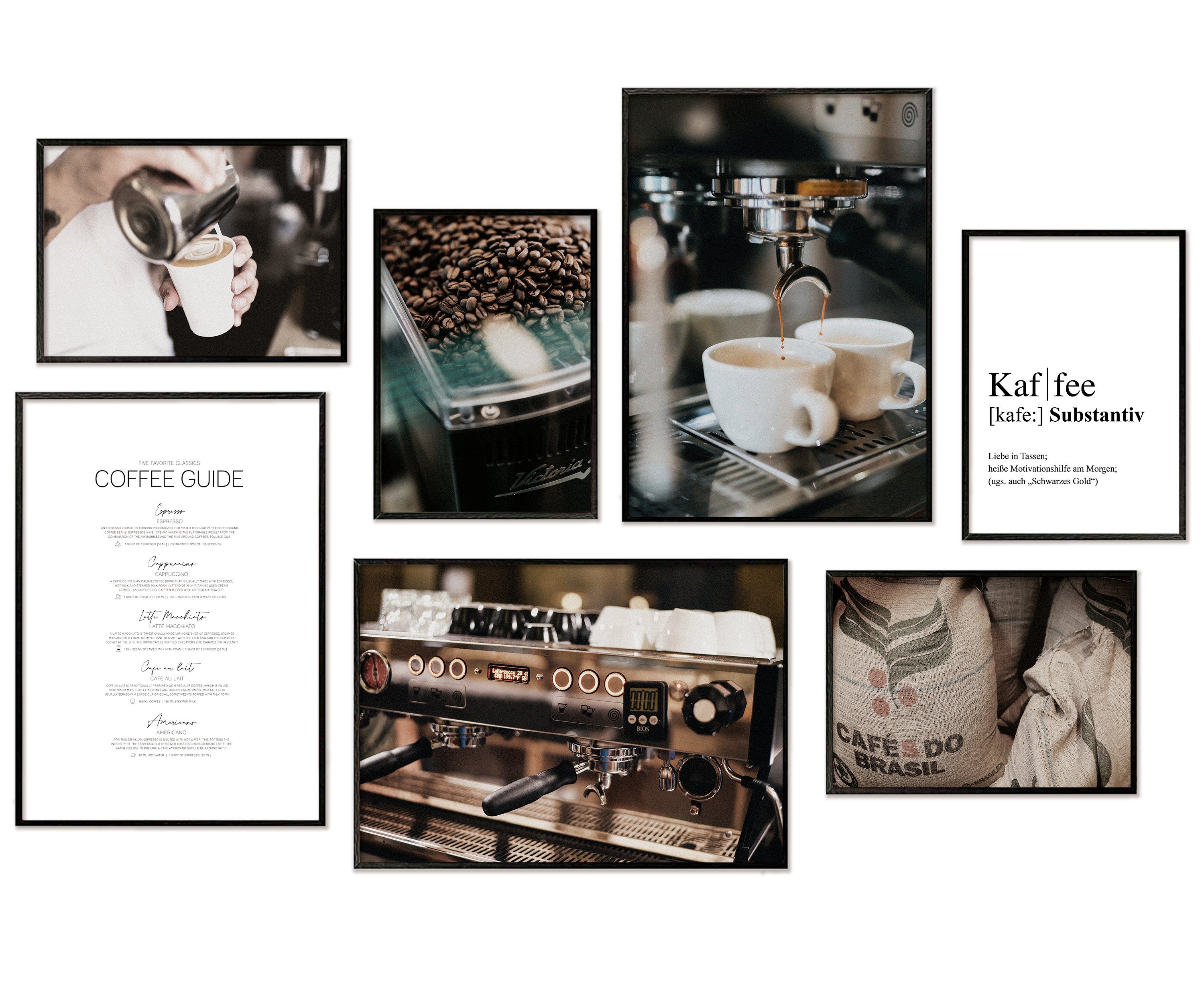 Hyggelig Home Плакат Kaffee, Premium Плакат Set OHNE & MIT Rahmen - Wandbilder Coffee Guide, Genuss (Set, 7 St), Collage für Küche, Qualitätsdruck dickes Papier