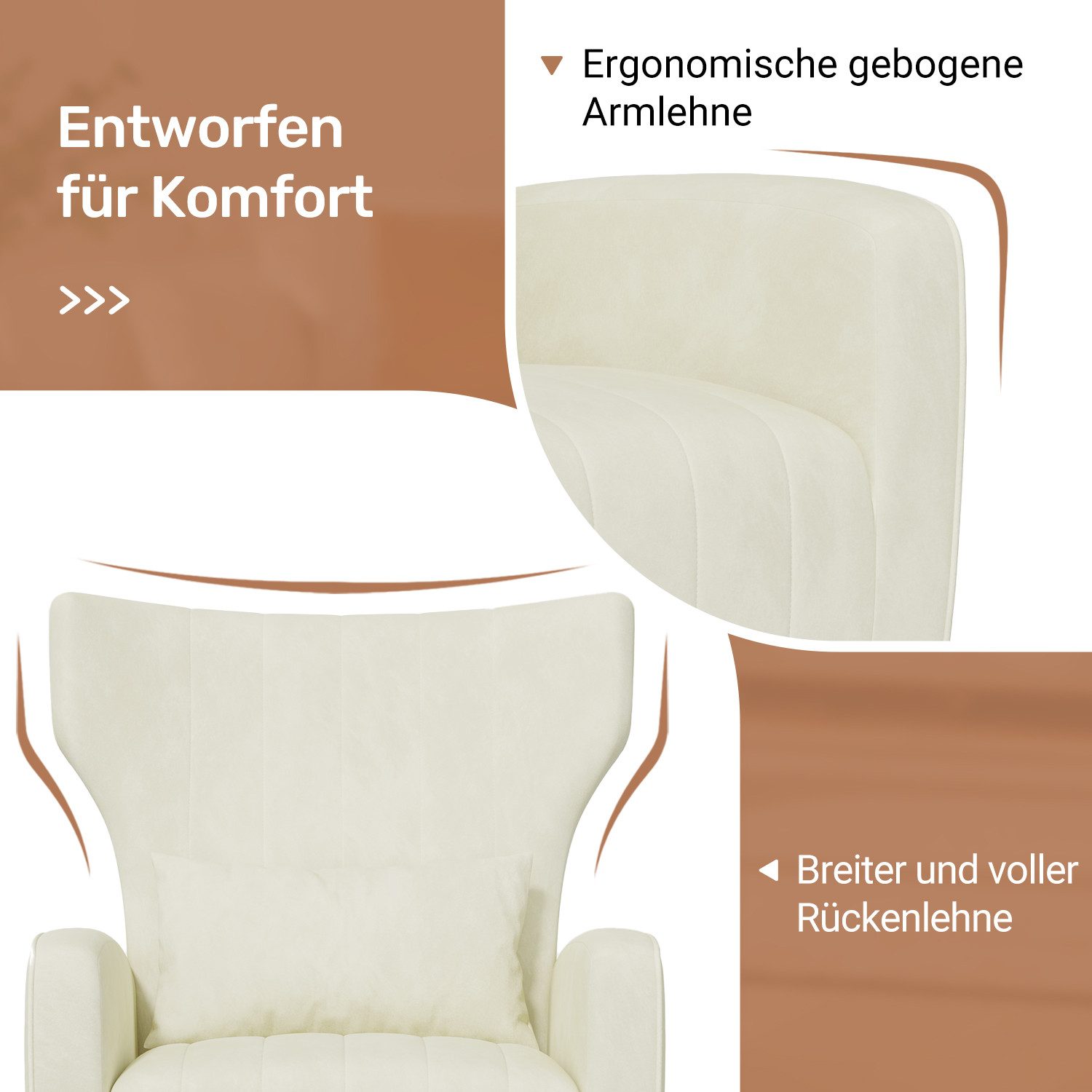 HawthyHome Ohrensessel mit Samtbezug Moderner Loungesessel– Hohe Rückenlehne, Zierkissen, goldfarbene Metallfüße