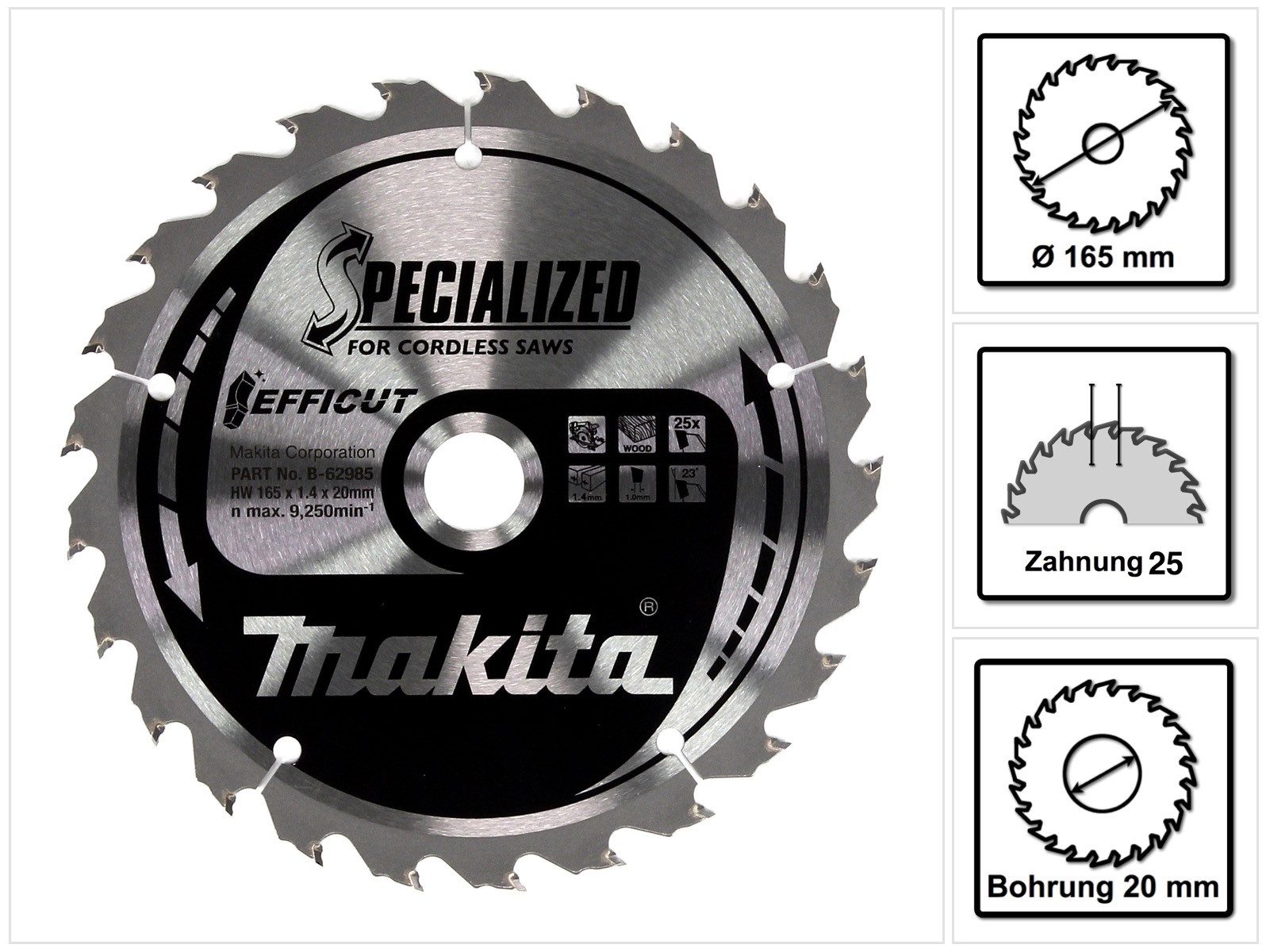 Makita Kreissägeblatt EFFICUT Kreissägeblatt für Holz 165 x 1,4 x 20 mm 25 Zähne (B-62985)