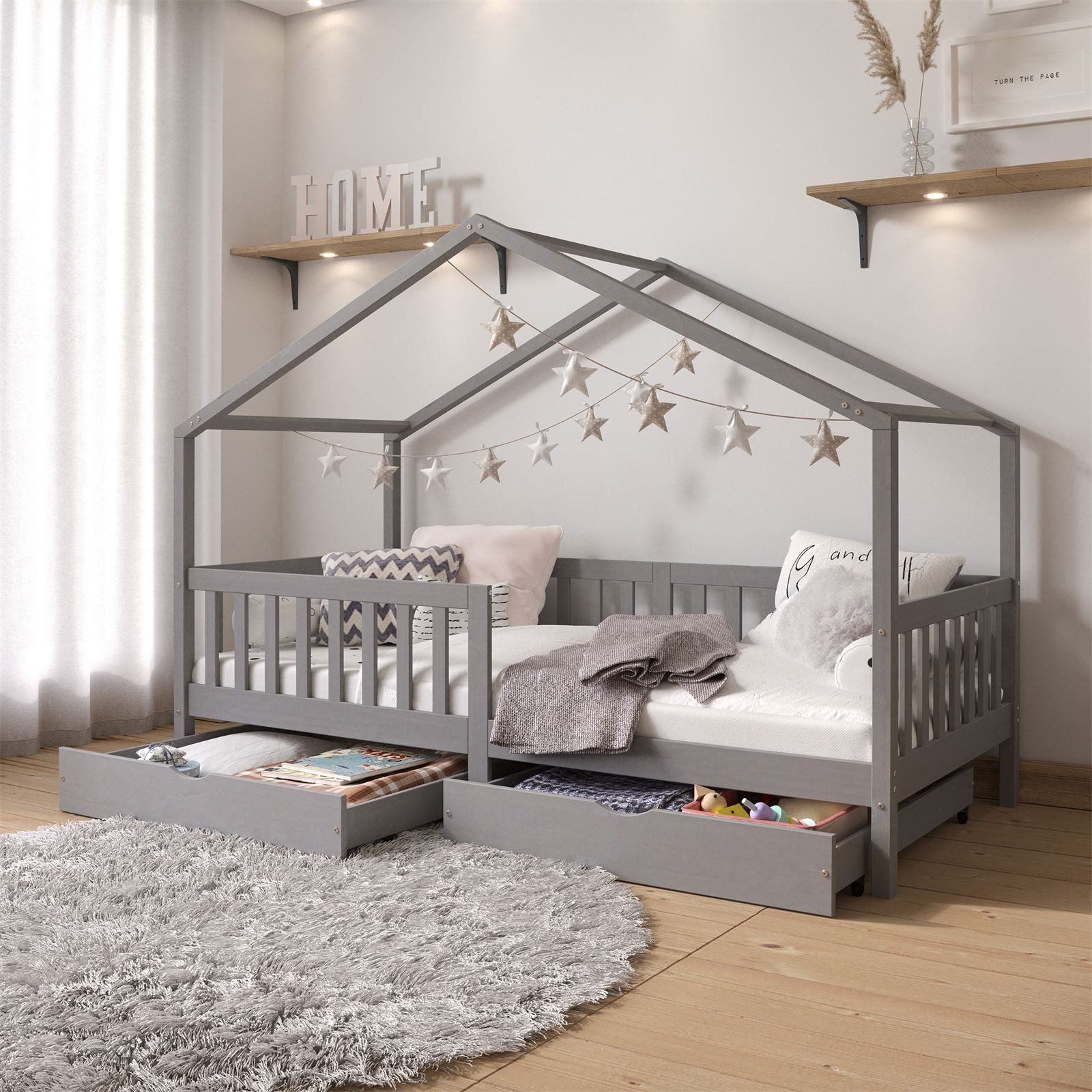 IDIMEX Kinderbett ELEA, Hausbett Montessori Bett Kinderbett Tipibett 90 x 200 Kiefer Schublad