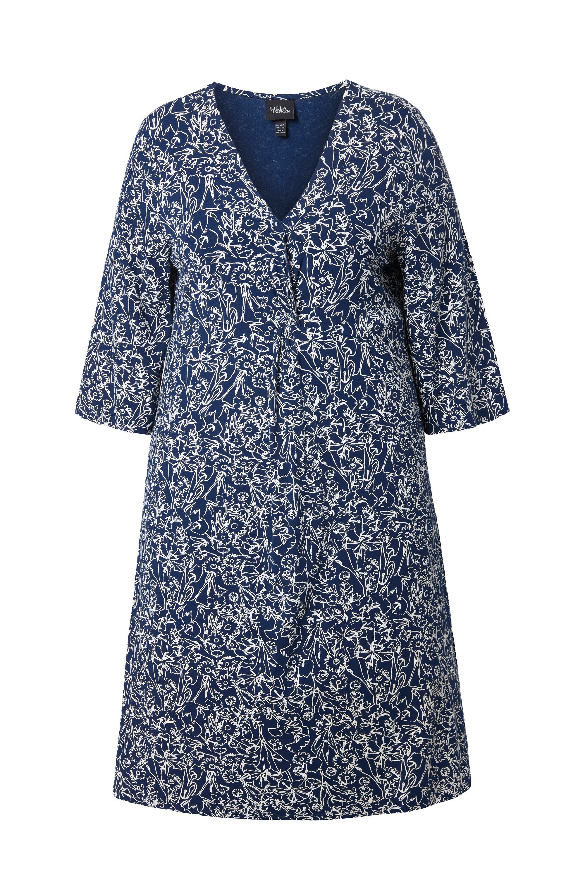 Midikleid Jerseykleid Raffung A-Linie V-Ausschnitt 3/4-Arm