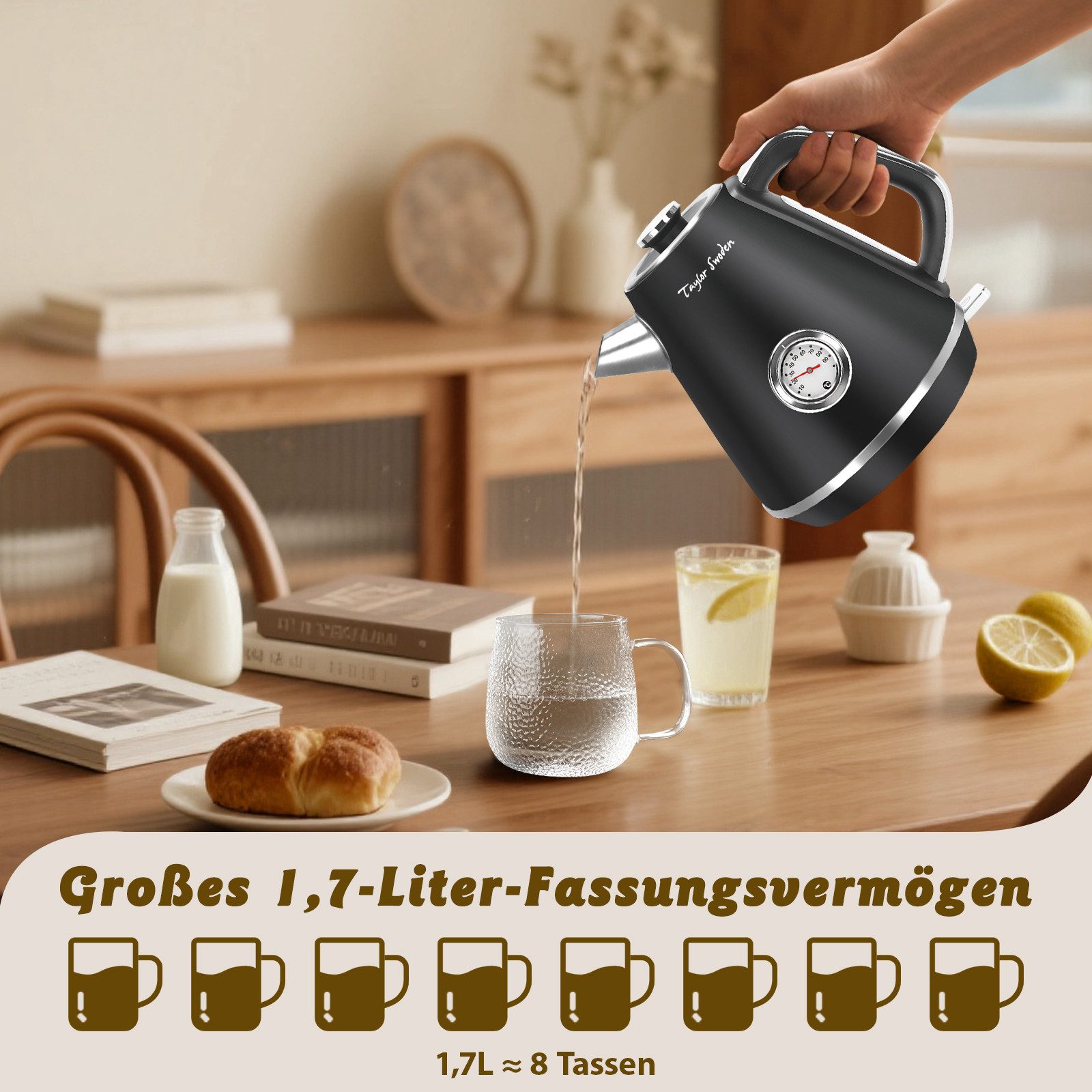 Taylor Swoden Wasserkocher Retro Wasserkocher 1,7L, 2200W, Temperaturanzeige, mit Kalkfilter, 2200,00 W, Mit Wasserstandsanzeige, Drehbare Basis, Abschaltautoma – Bild 5 von 5