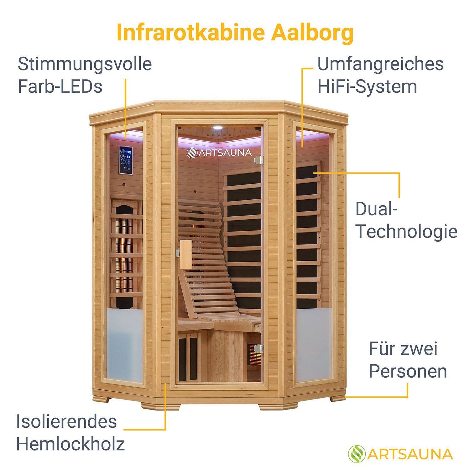 Artsauna Infrarotkabine Aalborg Dual-Technologie, für 2 Personen, Hemlockholz, HiFi-System, Ionisator, LED-Farblicht